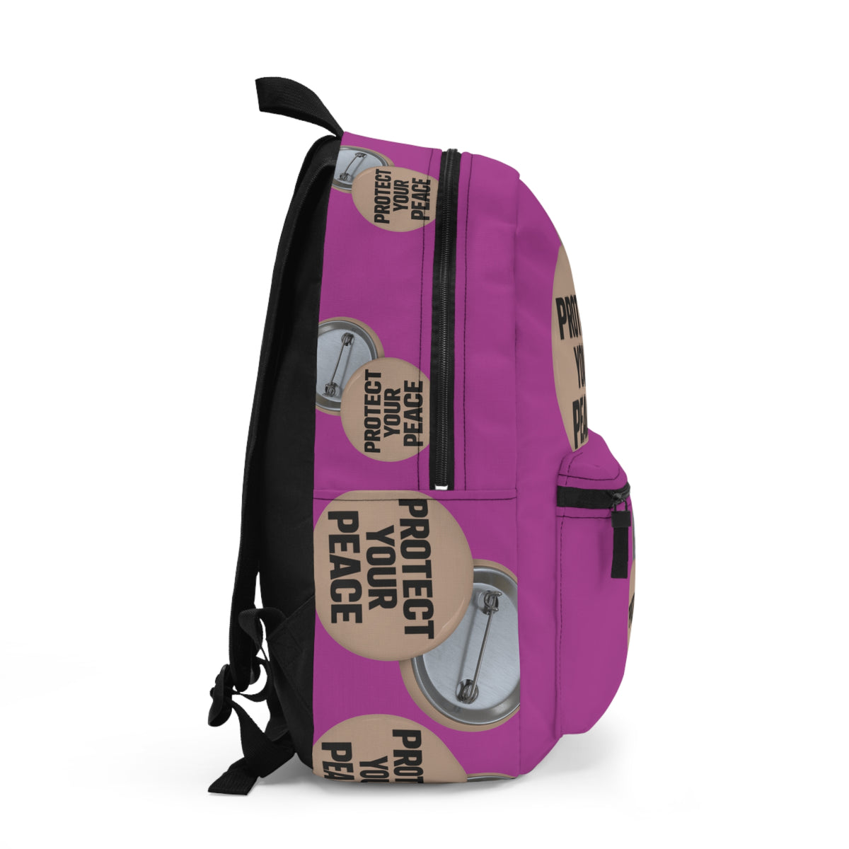 Graphic design Protect Your Peace Backpack — Pink Button-Print School & Travel Bag