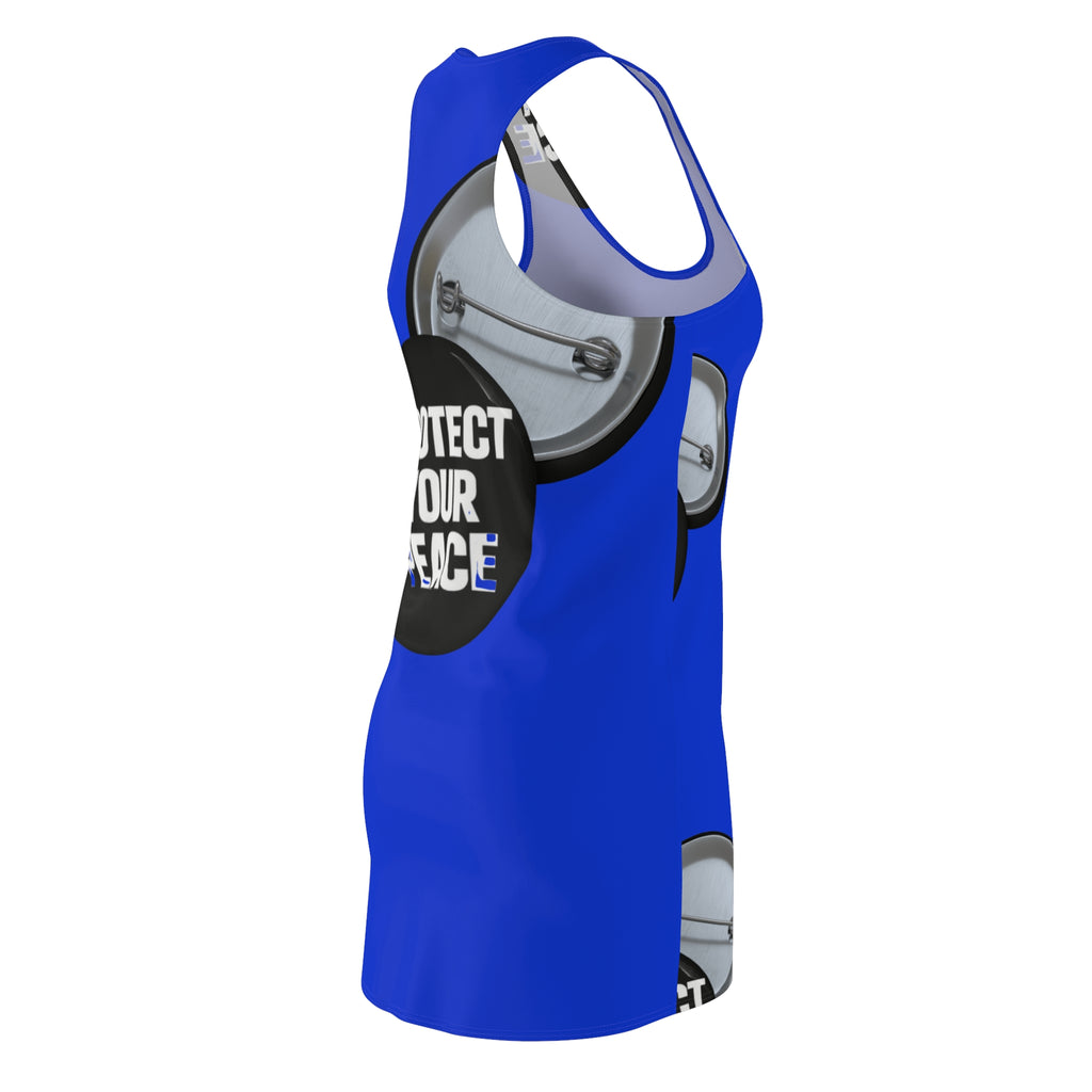 Racerback Dress — 'Protect Your Peace' Button Print, Blue All-Over-Print