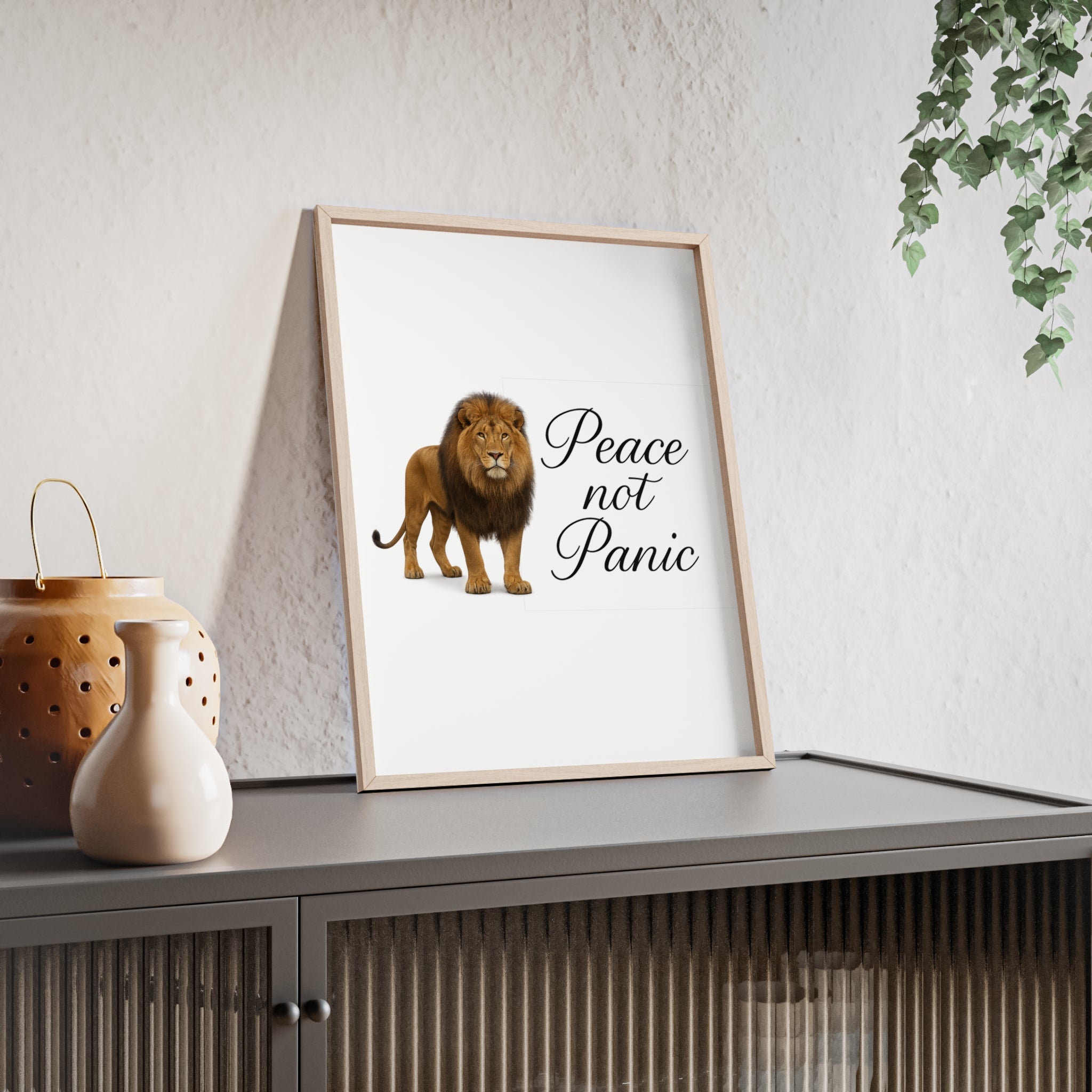 Peace Not Panic Lion Poster with Wooden Frame — Calming Wall Art for Home & Office
