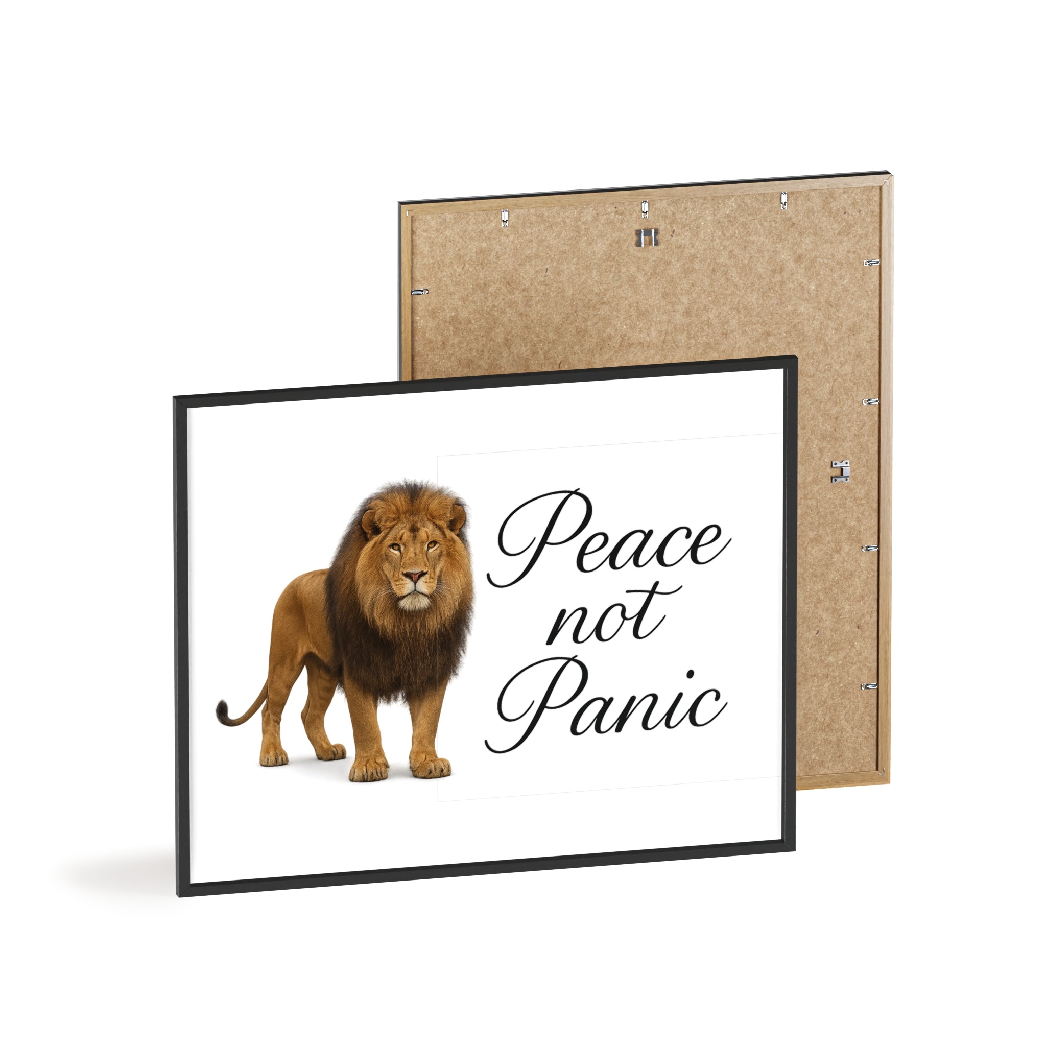 Peace Not Panic Lion Poster with Wooden Frame — Calming Wall Art for Home & Office