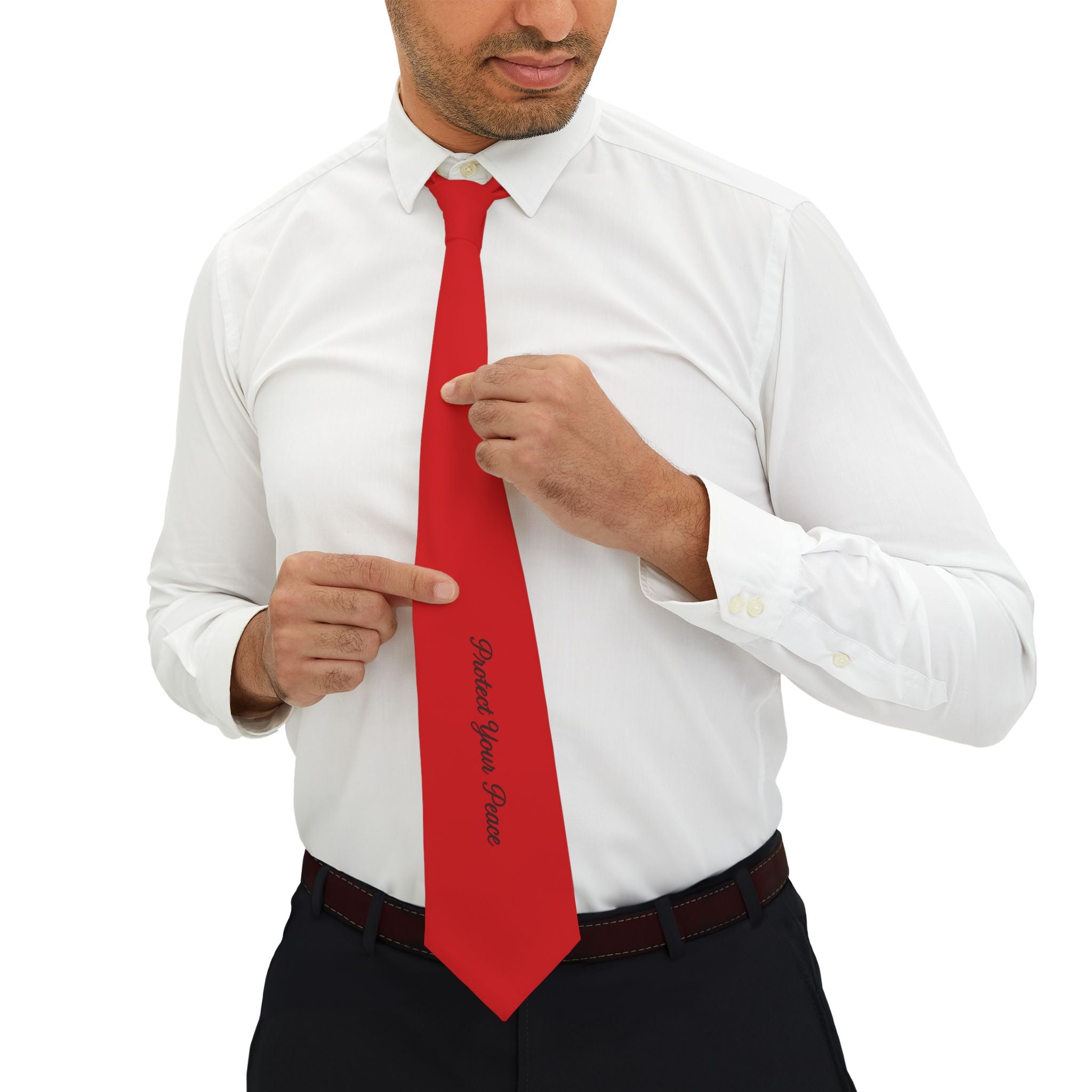 Red Necktie with Script "Protect your peace"— Men's Formal Tie for Weddings & Gifts
