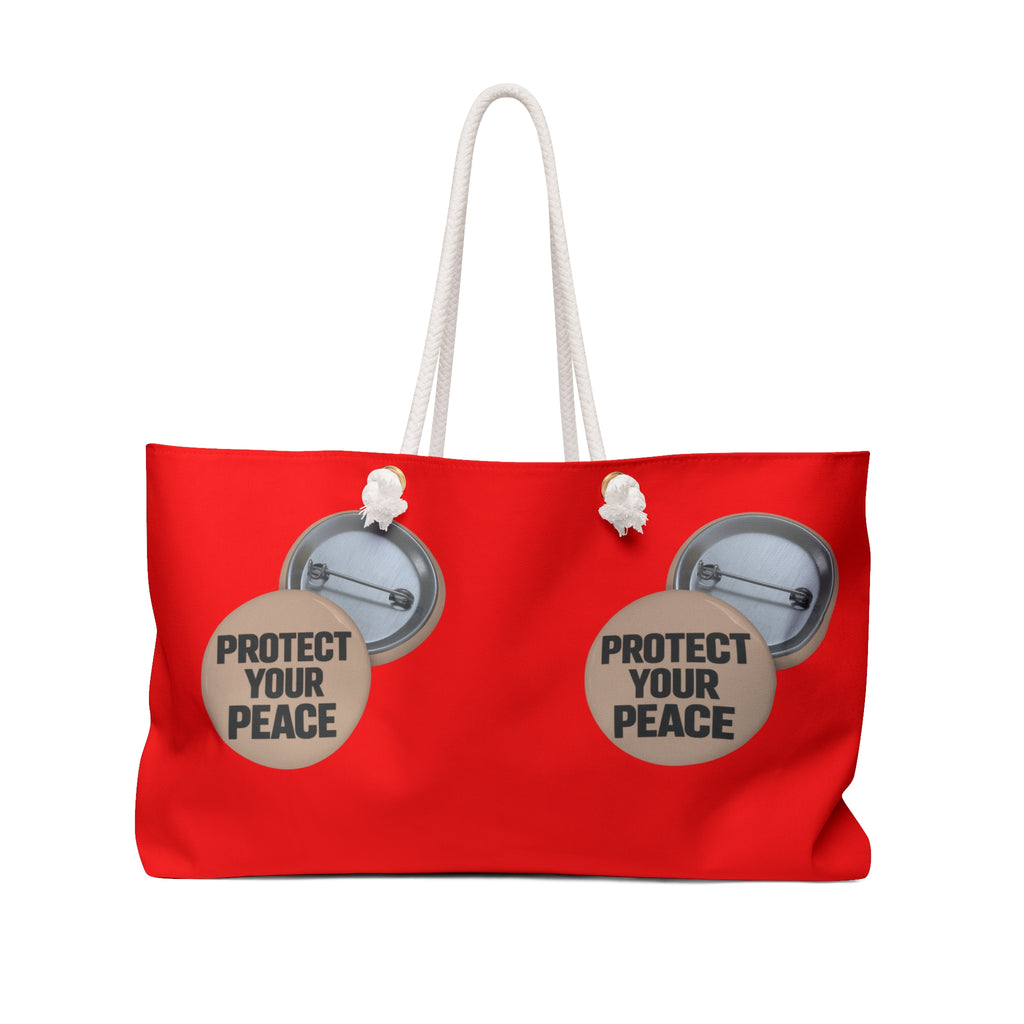 Protect Your Peace Weekender Bag – Red Travel Tote with Button Pin Design