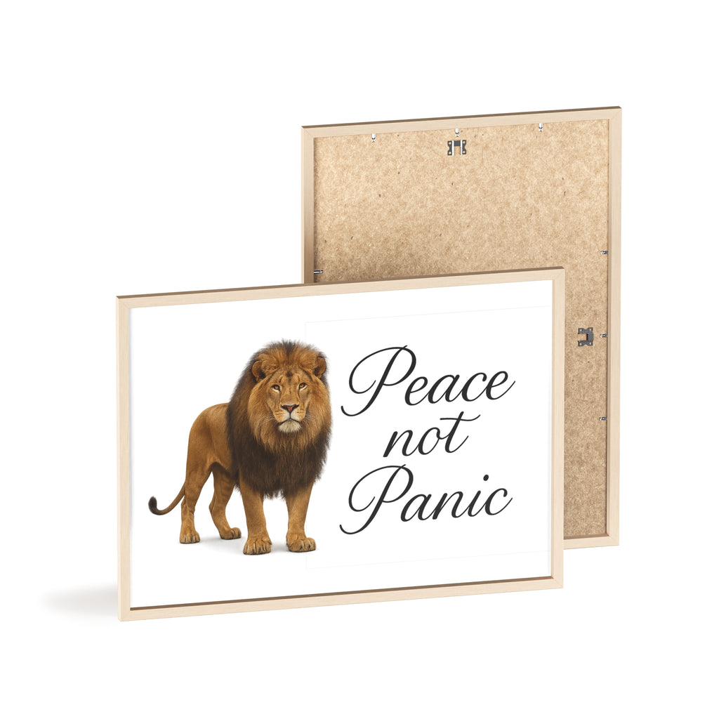 Peace Not Panic Lion Poster with Wooden Frame — Calming Wall Art for Home & Office