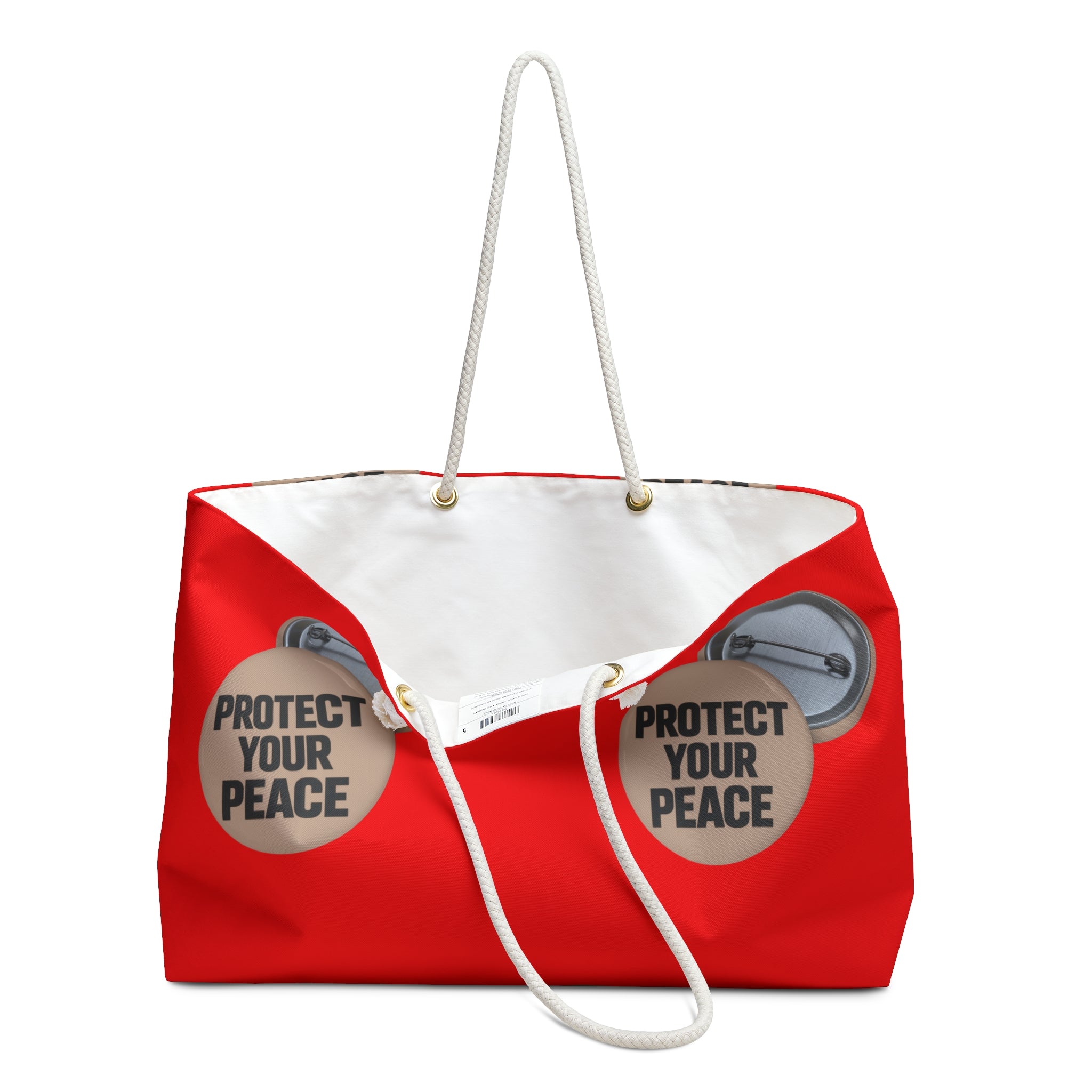 Protect Your Peace Weekender Bag – Red Travel Tote with Button Pin Design