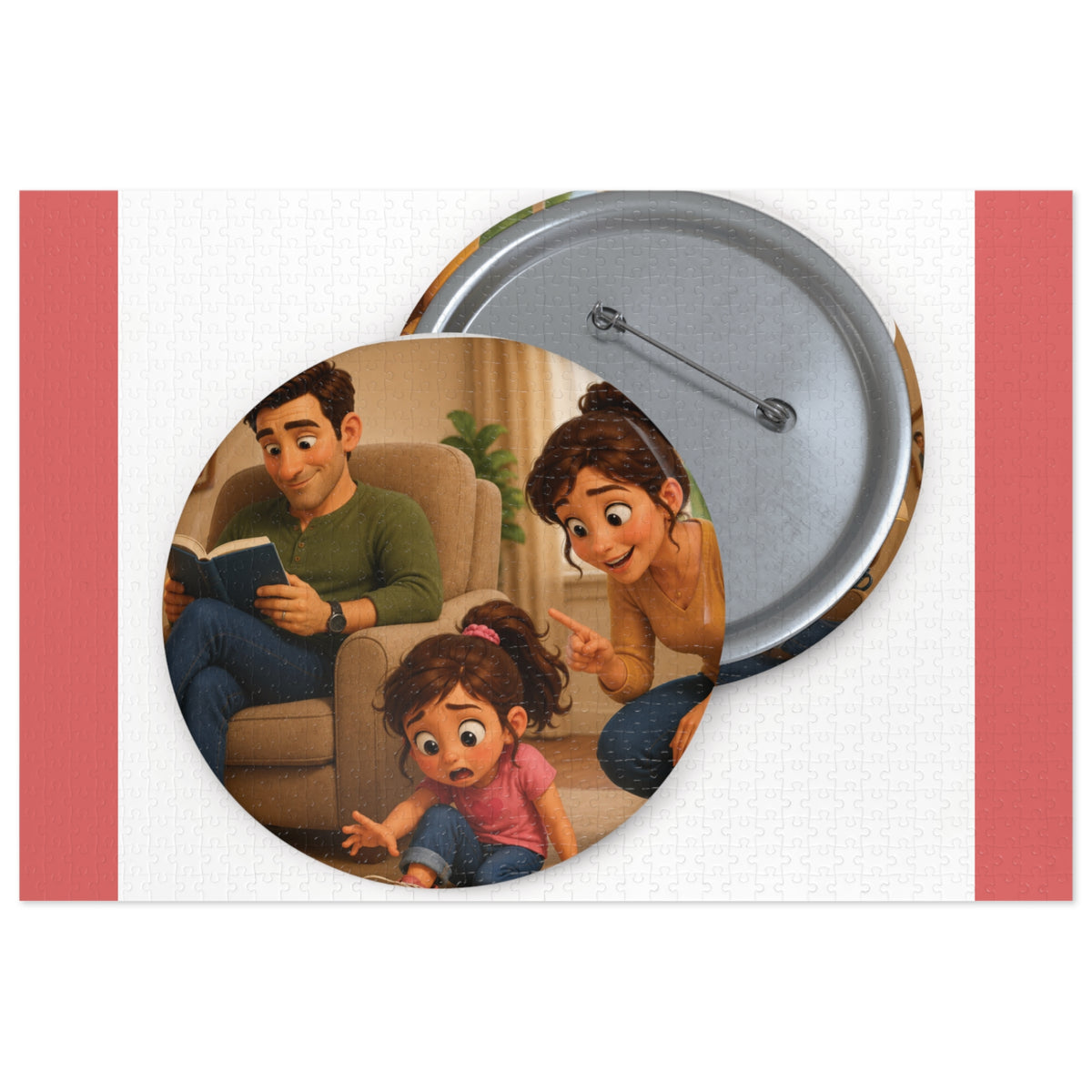 Family Moment 252-Piece Round Tin Puzzle — Cute Parents & Kid Illustration