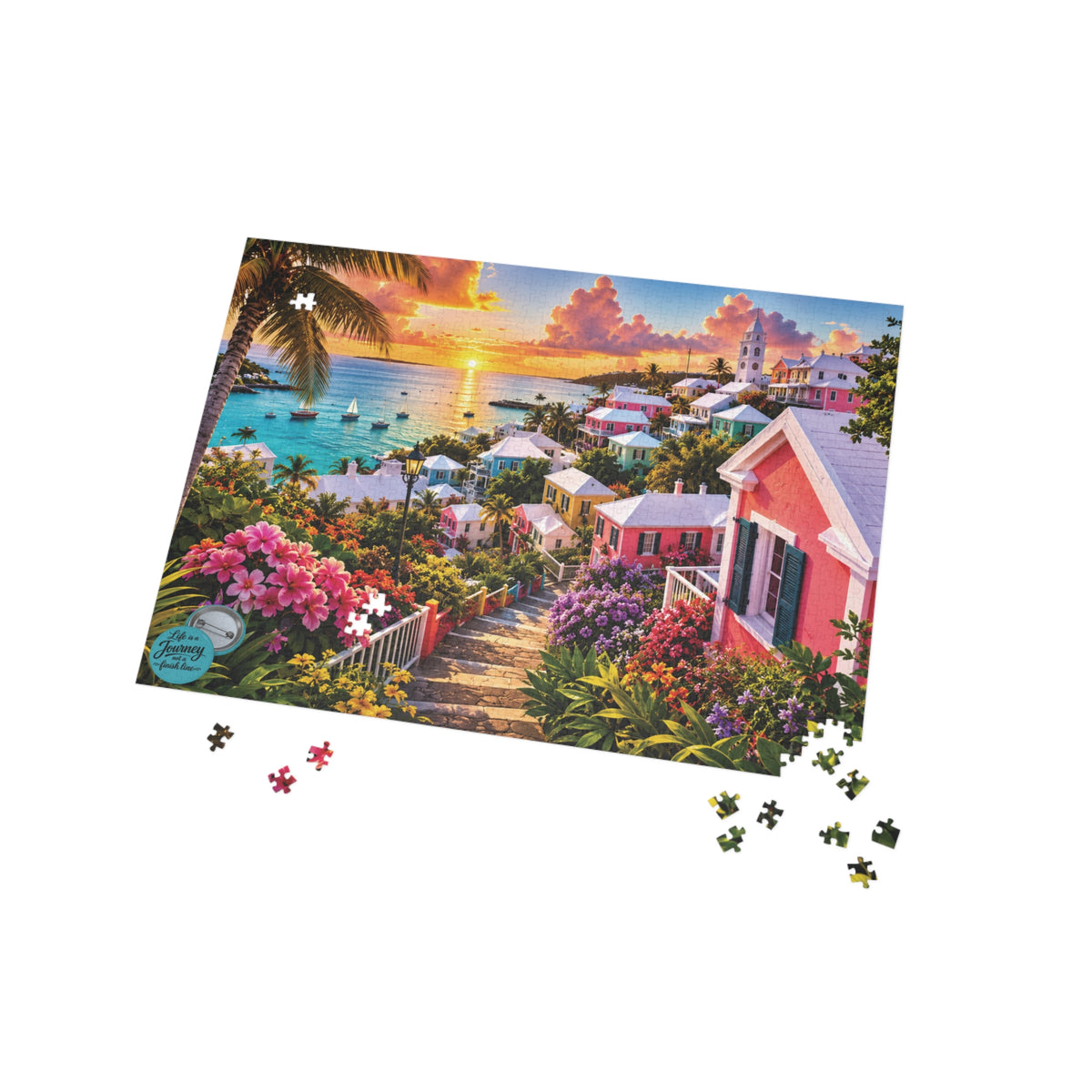 Coastal Cottage Sunset Puzzle — Scenic Beach Village Jigsaw (96/252/500/1000 pcs)