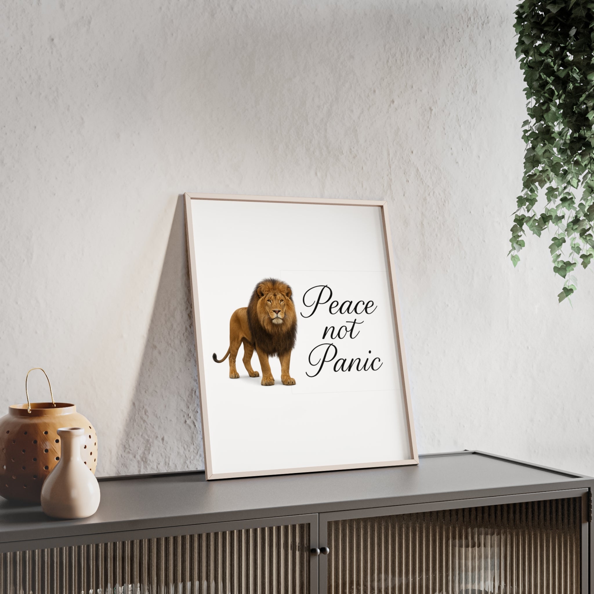 Peace Not Panic Lion Poster with Wooden Frame — Calming Wall Art for Home & Office