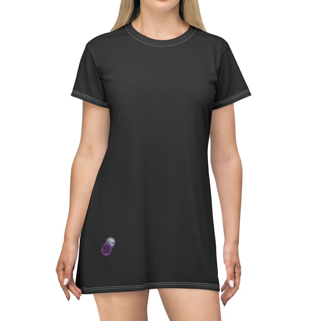 Protect Your Peace T-Shirt Dress — Black AOP Casual Dress with Back Button Badge Graphic