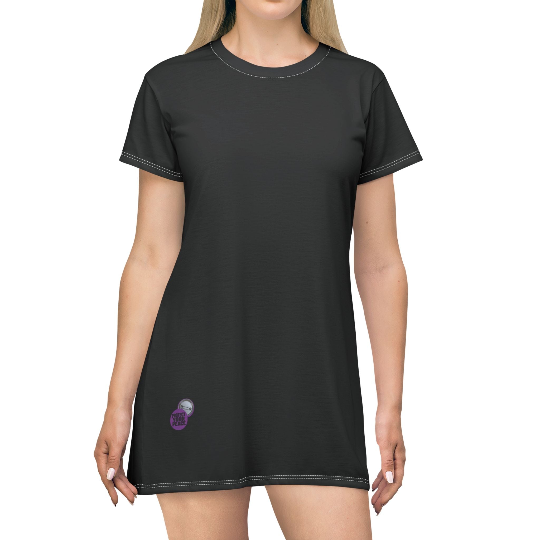 Protect Your Peace T-Shirt Dress — Black AOP Casual Dress with Back Button Badge Graphic
