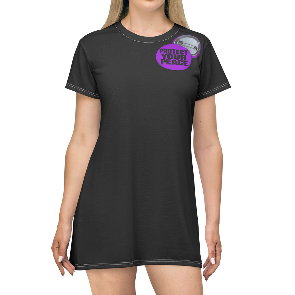 Protect Your Peace Black T-Shirt Dress — Button Pin Graphic