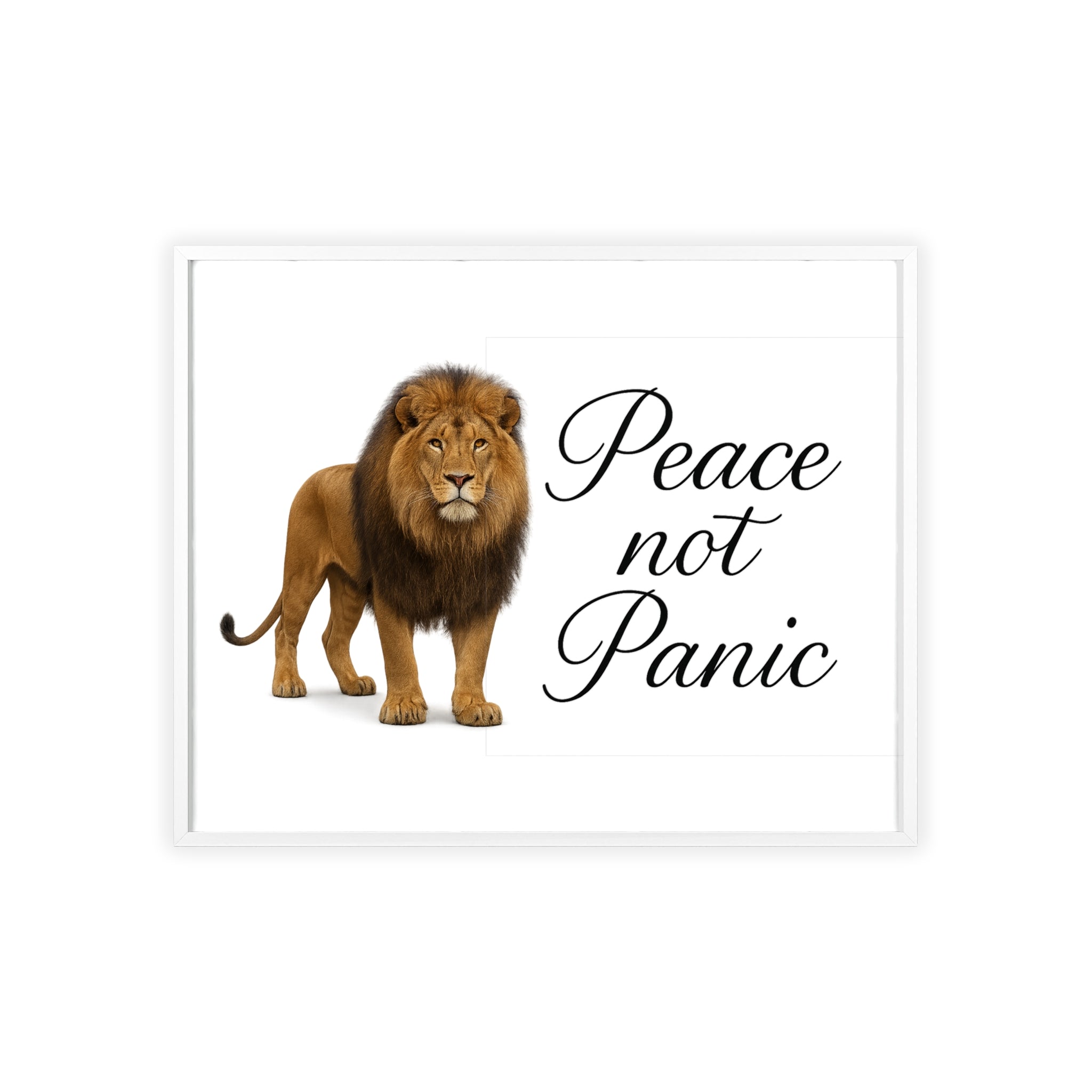 Peace Not Panic Lion Poster with Wooden Frame — Calming Wall Art for Home & Office