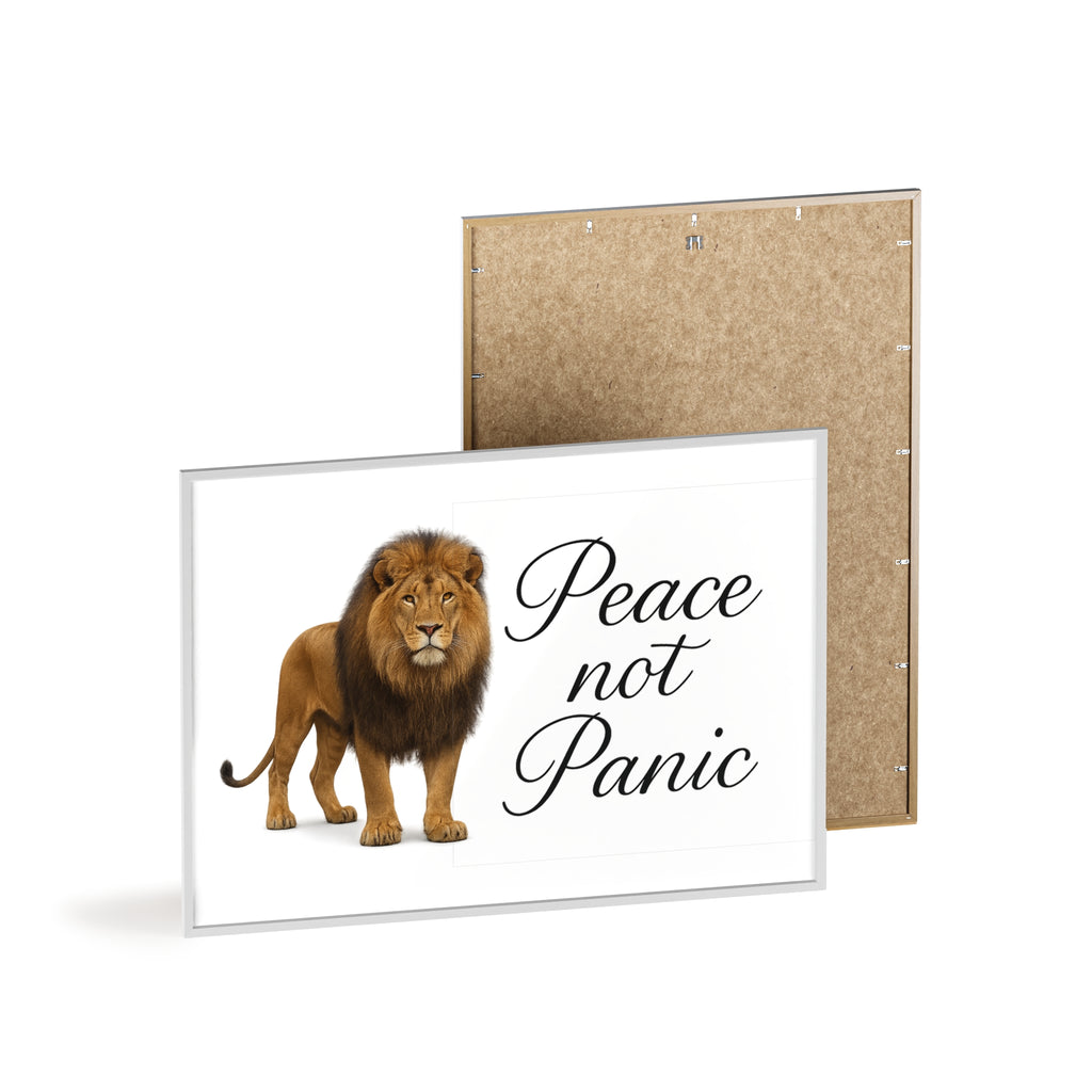 Peace Not Panic Lion Poster with Wooden Frame — Calming Wall Art for Home & Office