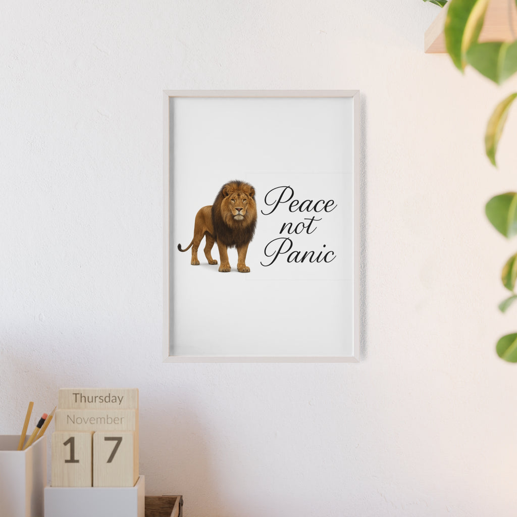 Peace Not Panic Lion Poster with Wooden Frame — Calming Wall Art for Home & Office