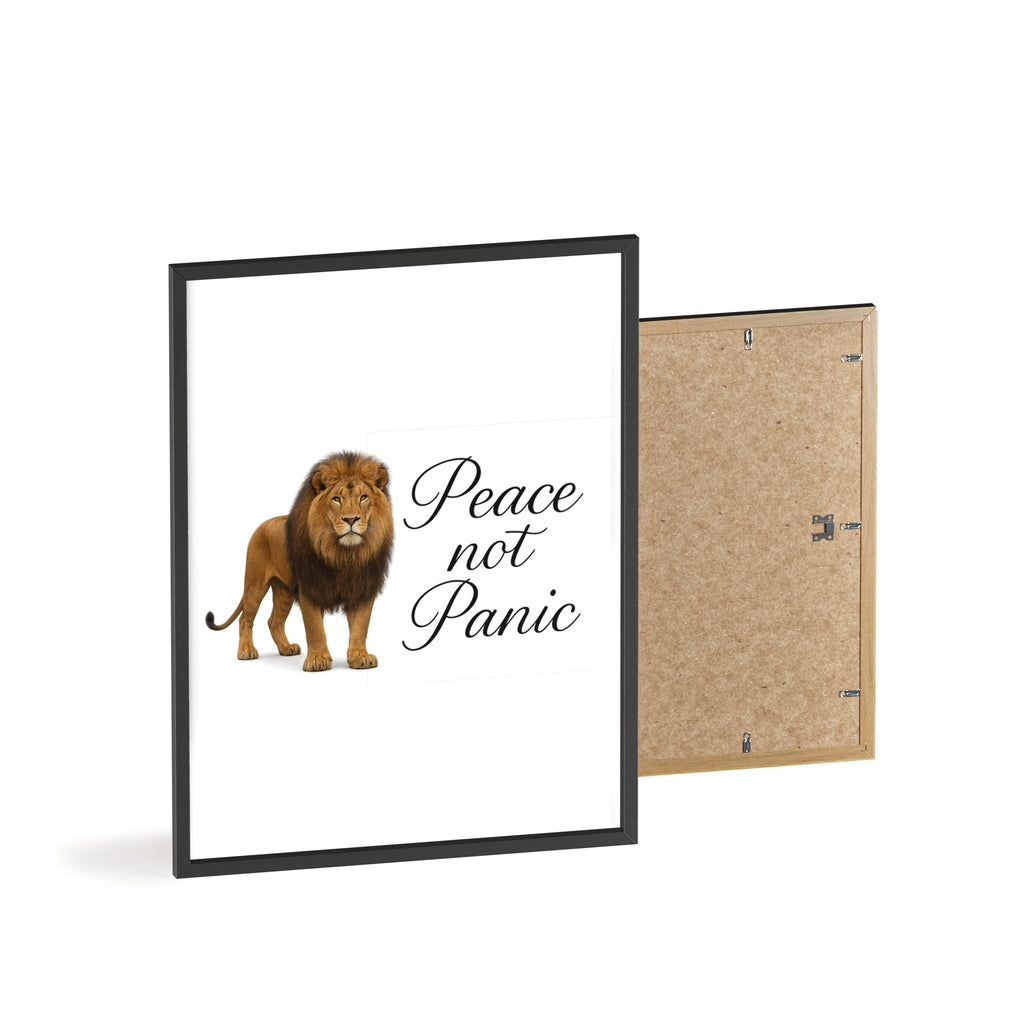 Peace Not Panic Lion Poster with Wooden Frame — Calming Wall Art for Home & Office