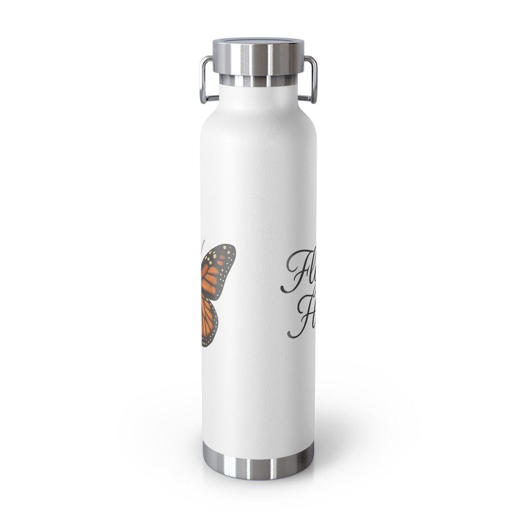 The circular graphic design reminds us to Protect Your Peace Flying High Monarch Butterfly Insulated Water Bottle — 22oz Vacuum Flask