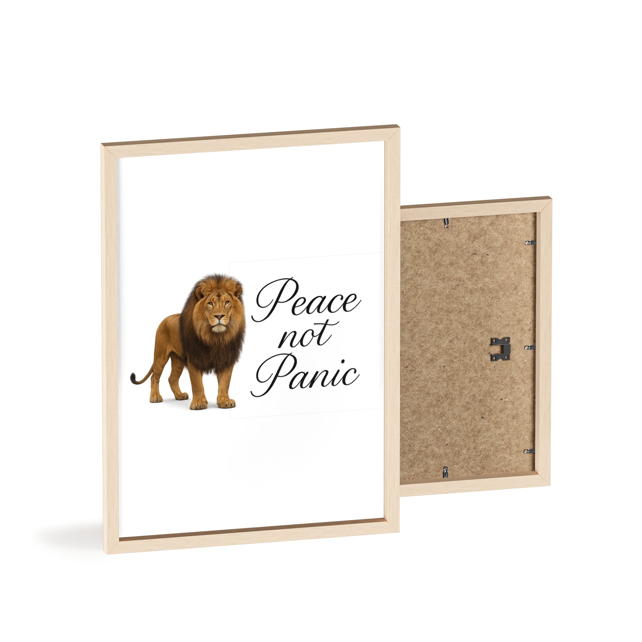Peace Not Panic Lion Poster with Wooden Frame — Calming Wall Art for Home & Office