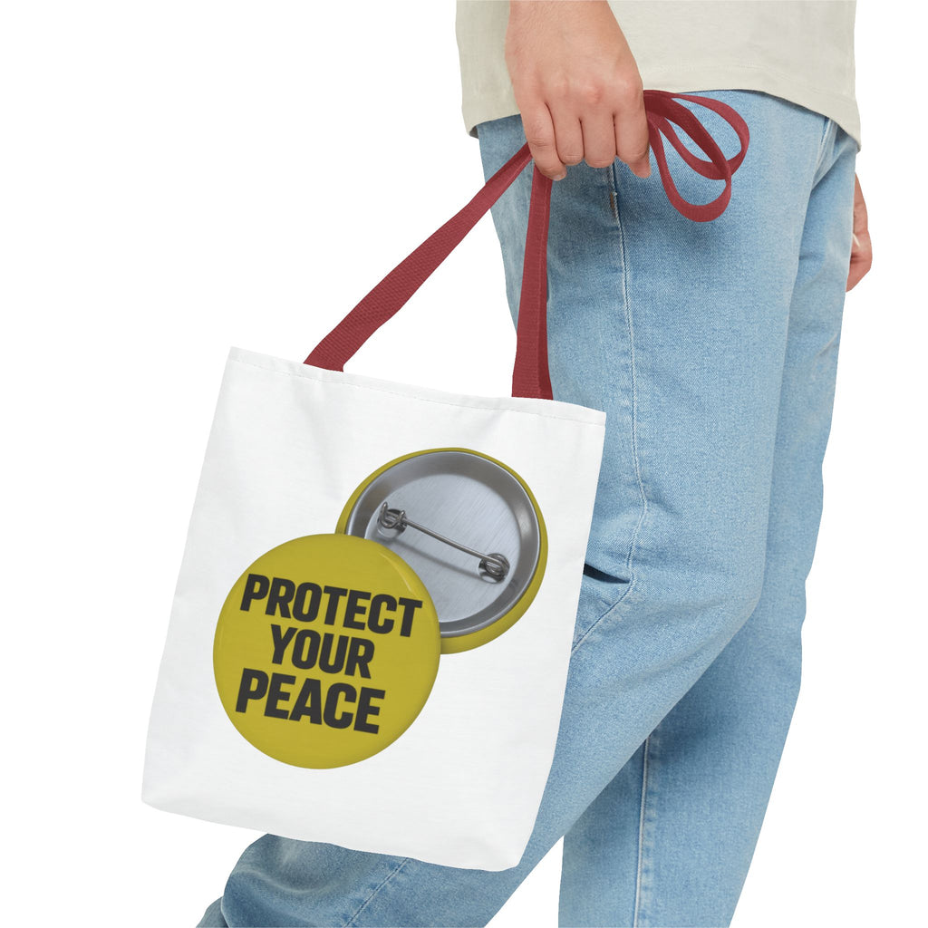 Protect Your Peace Tote Bag — Inspirational Yellow Button Graphic Tote