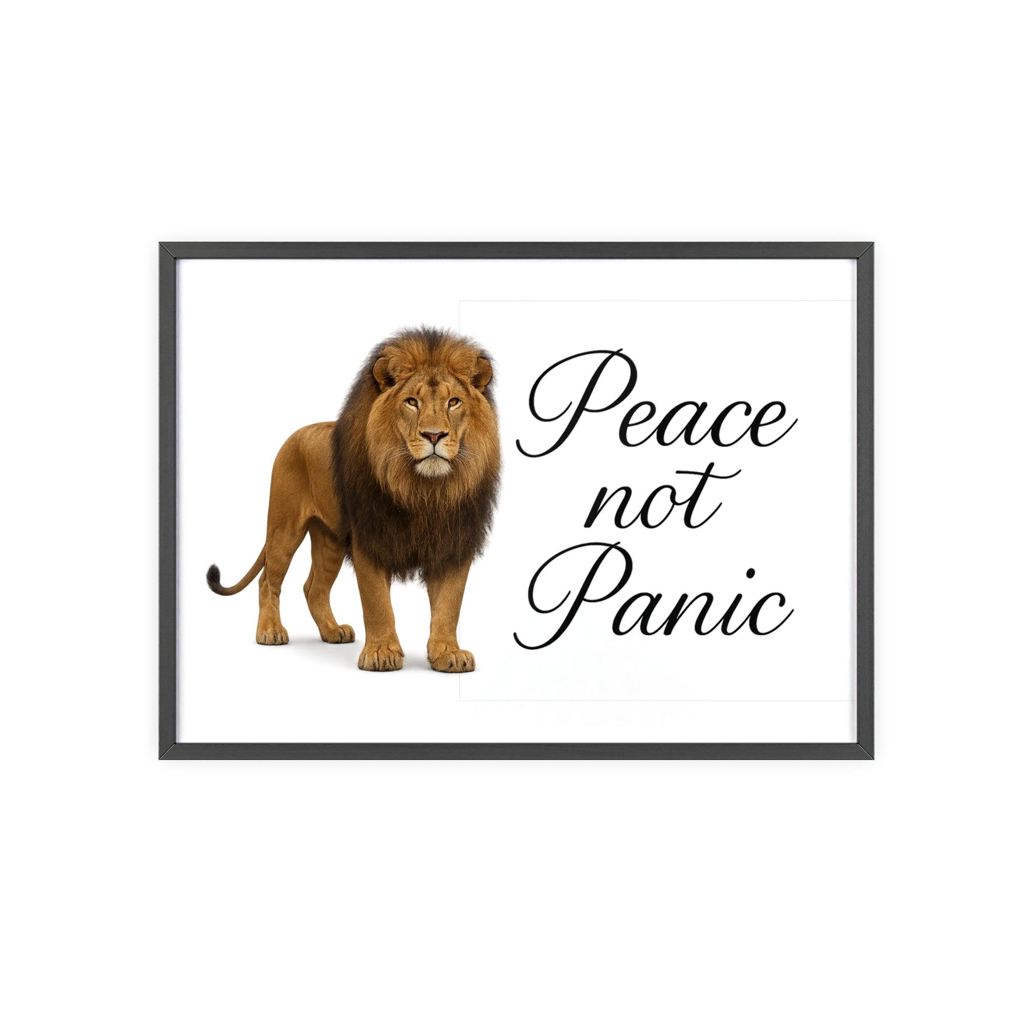 Peace Not Panic Lion Poster with Wooden Frame — Calming Wall Art for Home & Office