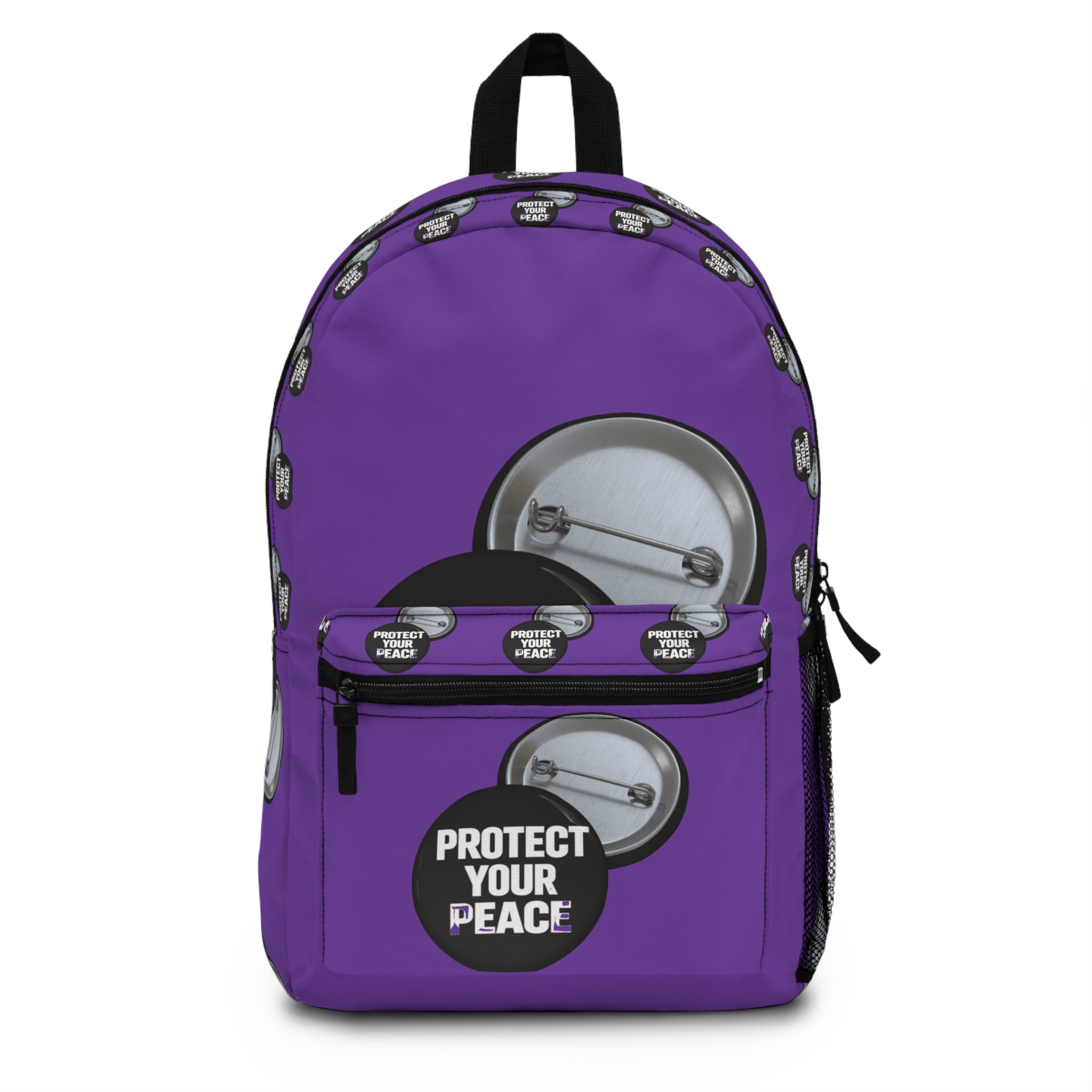 Protect Your Peace Button Backpack — Purple Printed School & Everyday Bag