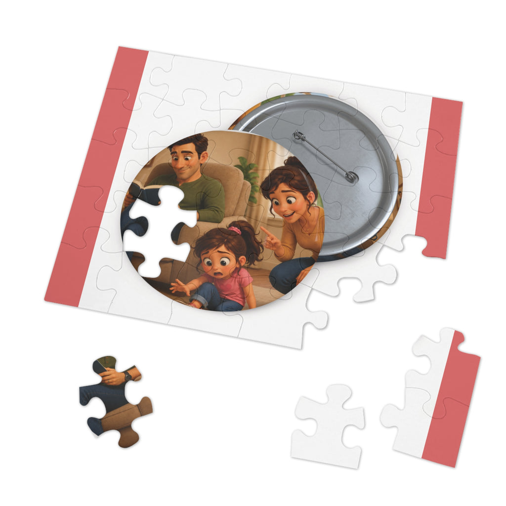 Family Moment 252-Piece Round Tin Puzzle — Cute Parents & Kid Illustration