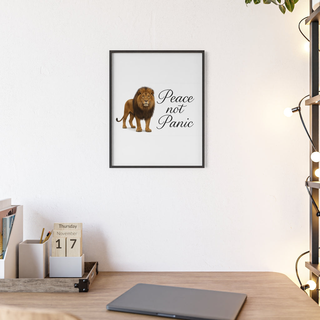 Peace Not Panic Lion Poster with Wooden Frame — Calming Wall Art for Home & Office