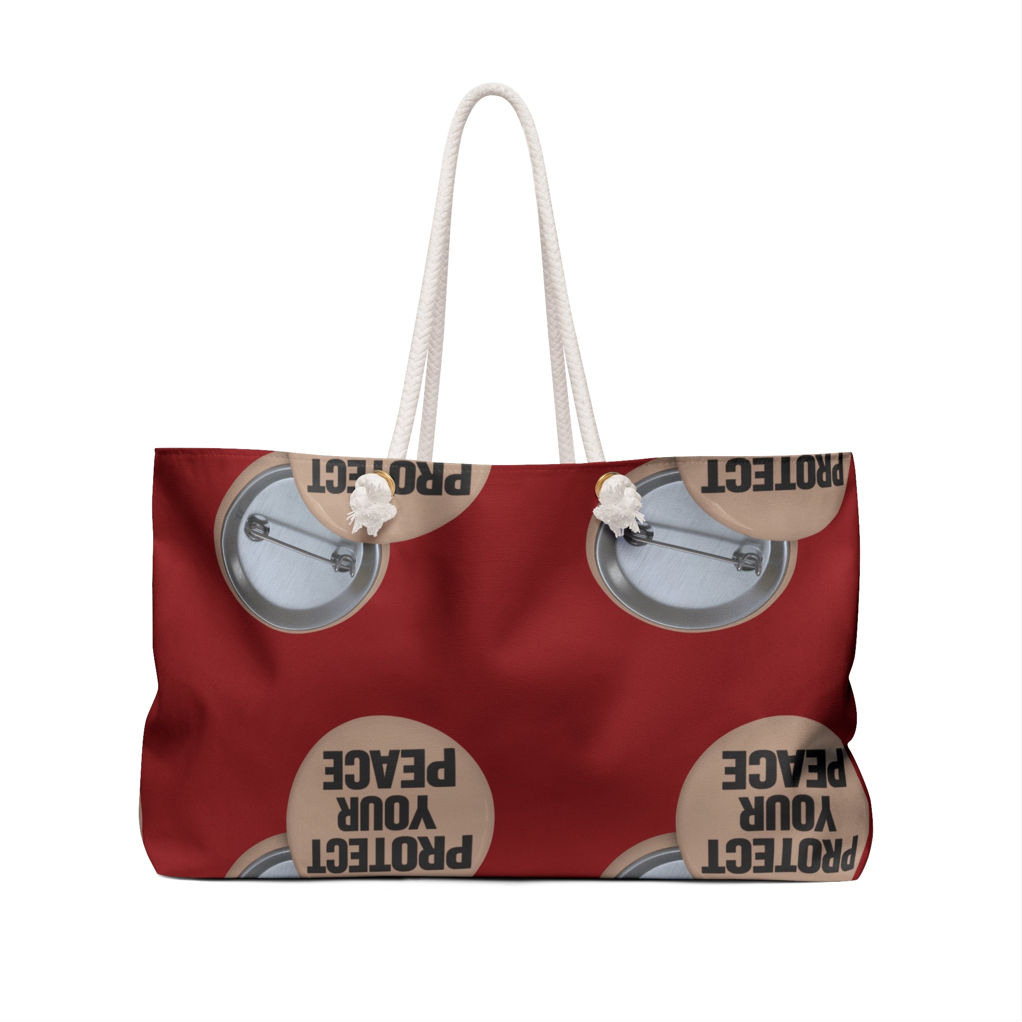 Protect Your Peace Weekender Bag — Maroon Travel Tote with Button Pin Design