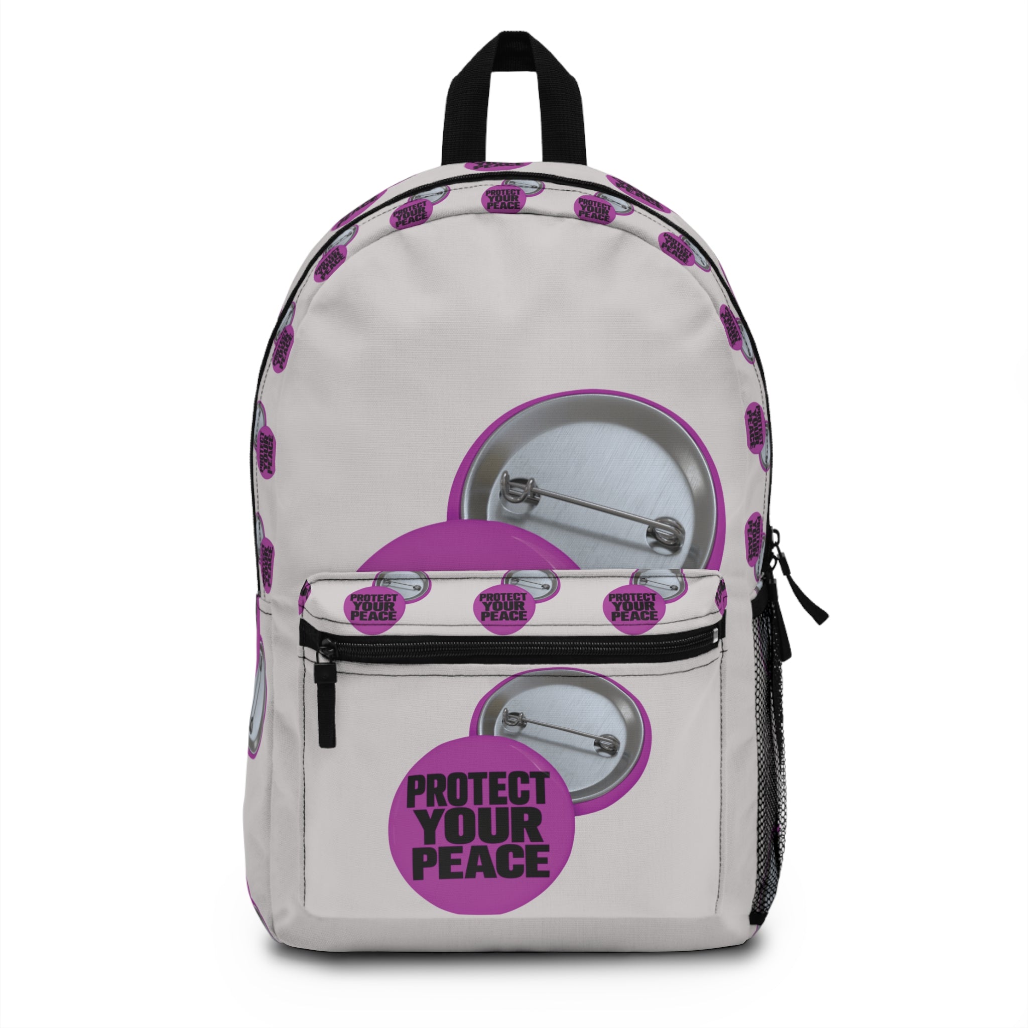 Protect Your Peace Backpack – Pink Button Pattern School & Travel Bag