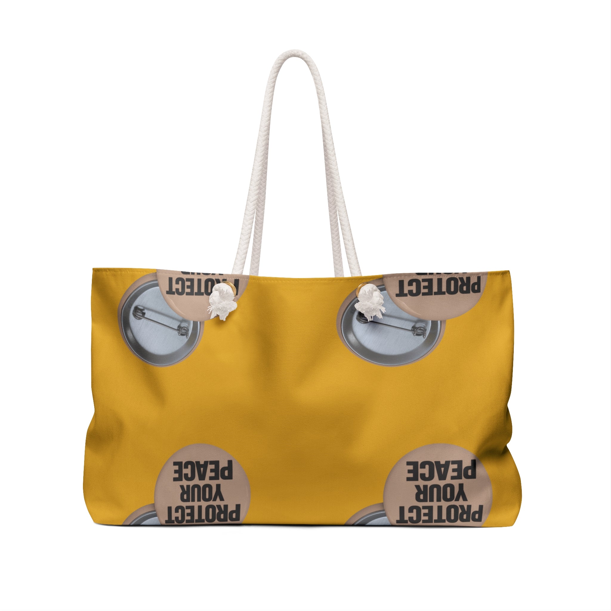Protect Your Peace Weekender Bag — Yellow Travel Tote with Button Badge Print