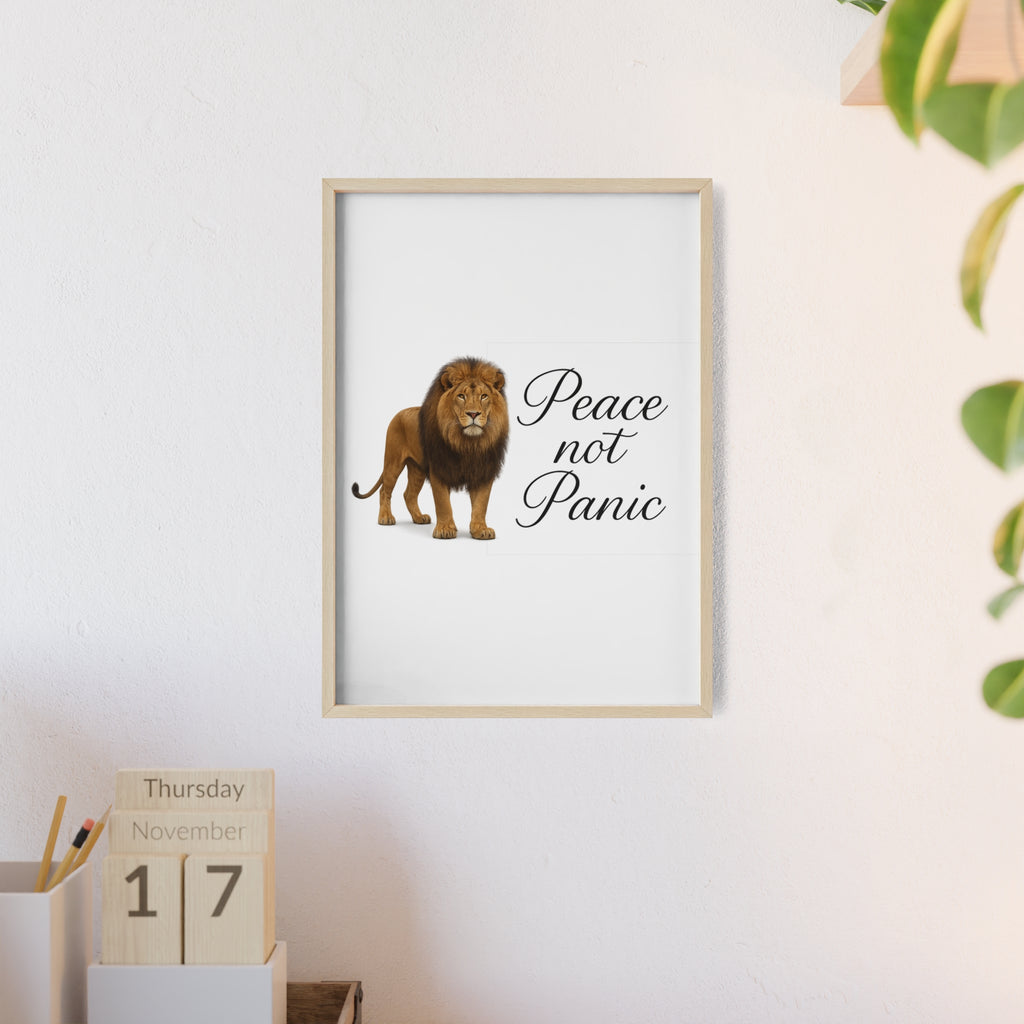 Peace Not Panic Lion Poster with Wooden Frame — Calming Wall Art for Home & Office