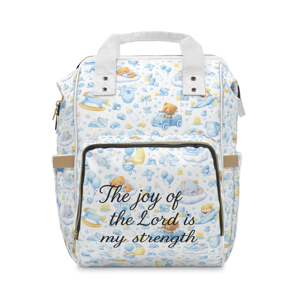 Faith Baby Diaper Backpack — "The joy of the Lord is my strength" (Blue Teddy Pattern)