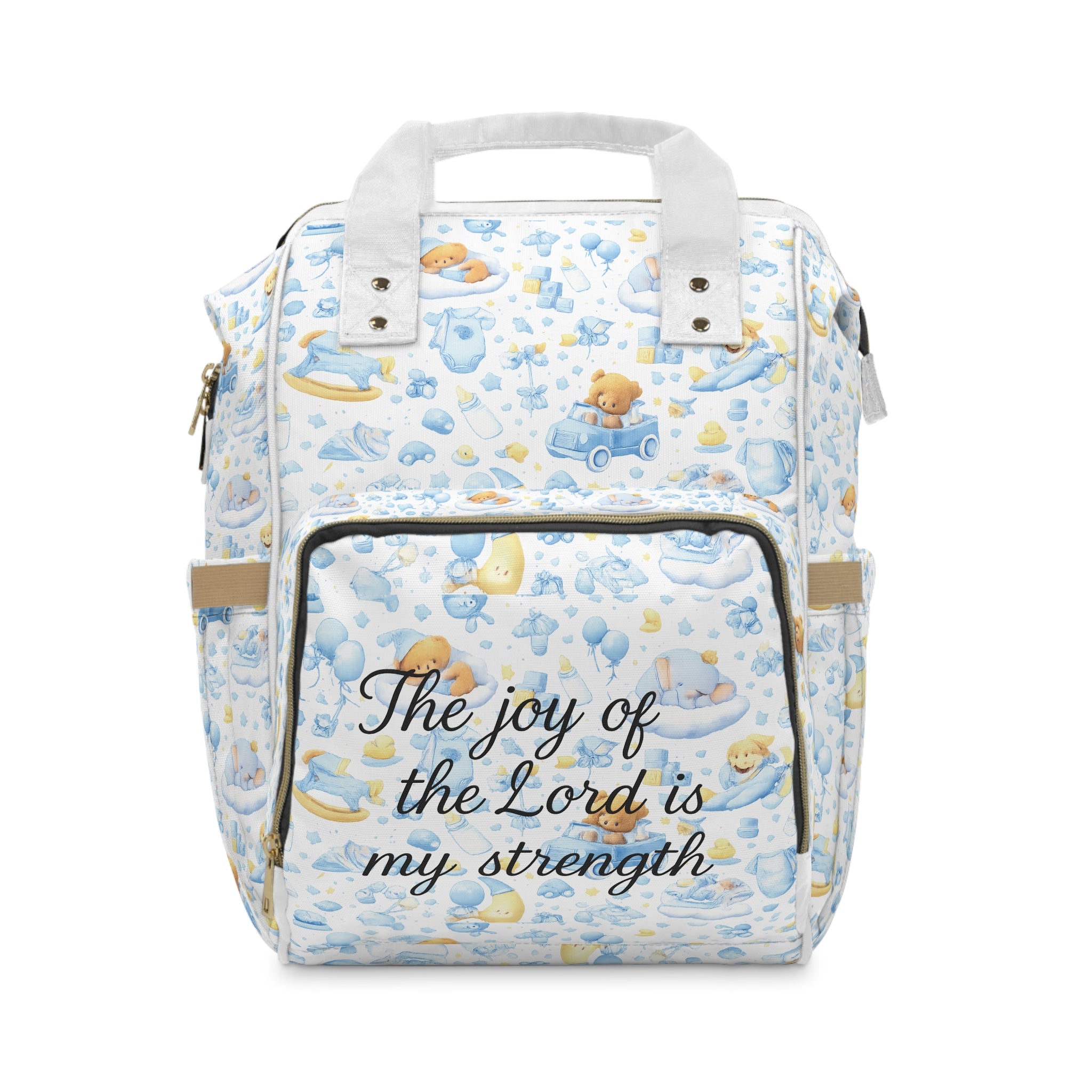 Faith Baby Diaper Backpack — "The joy of the Lord is my strength" (Blue Teddy Pattern)