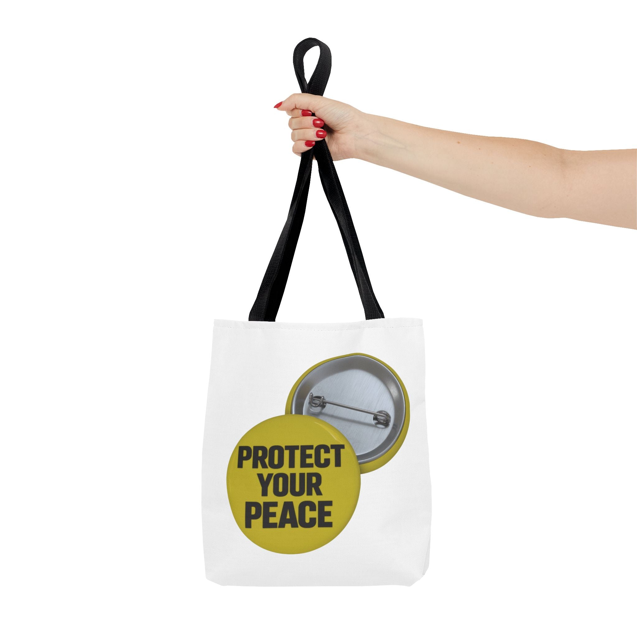 Protect Your Peace Tote Bag — Inspirational Yellow Button Graphic Tote