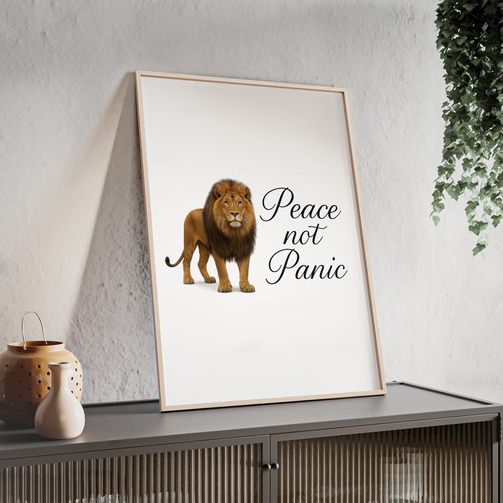 Peace Not Panic Lion Poster with Wooden Frame — Calming Wall Art for Home & Office