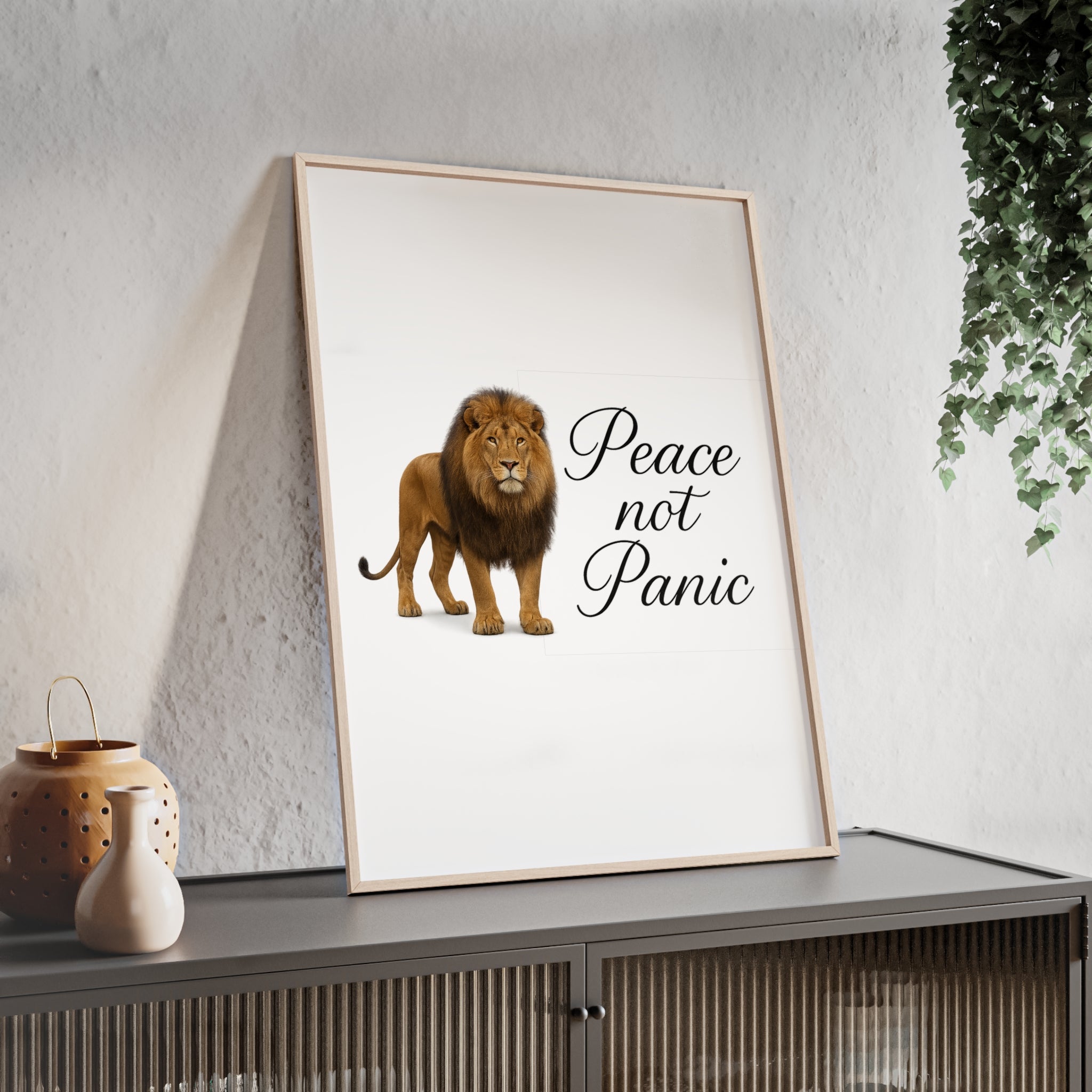 Peace Not Panic Lion Poster with Wooden Frame — Calming Wall Art for Home & Office