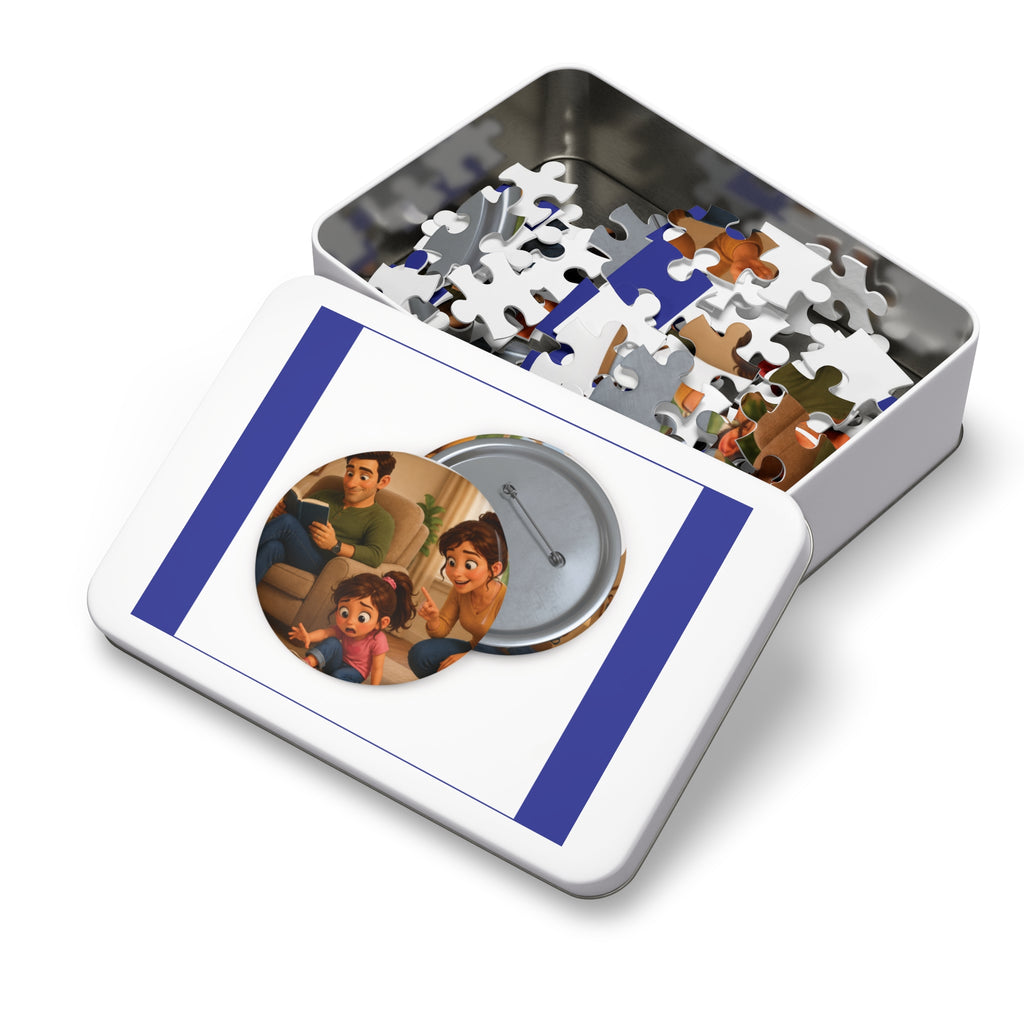 Family Movie Night Round Pin Puzzle with Tin — 252-Piece Keepsake Jigsaw