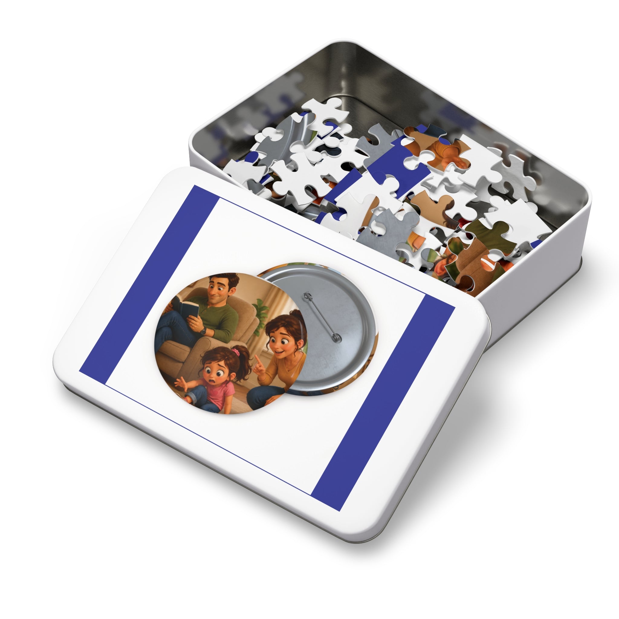 Family Movie Night Round Pin Puzzle with Tin — 252-Piece Keepsake Jigsaw