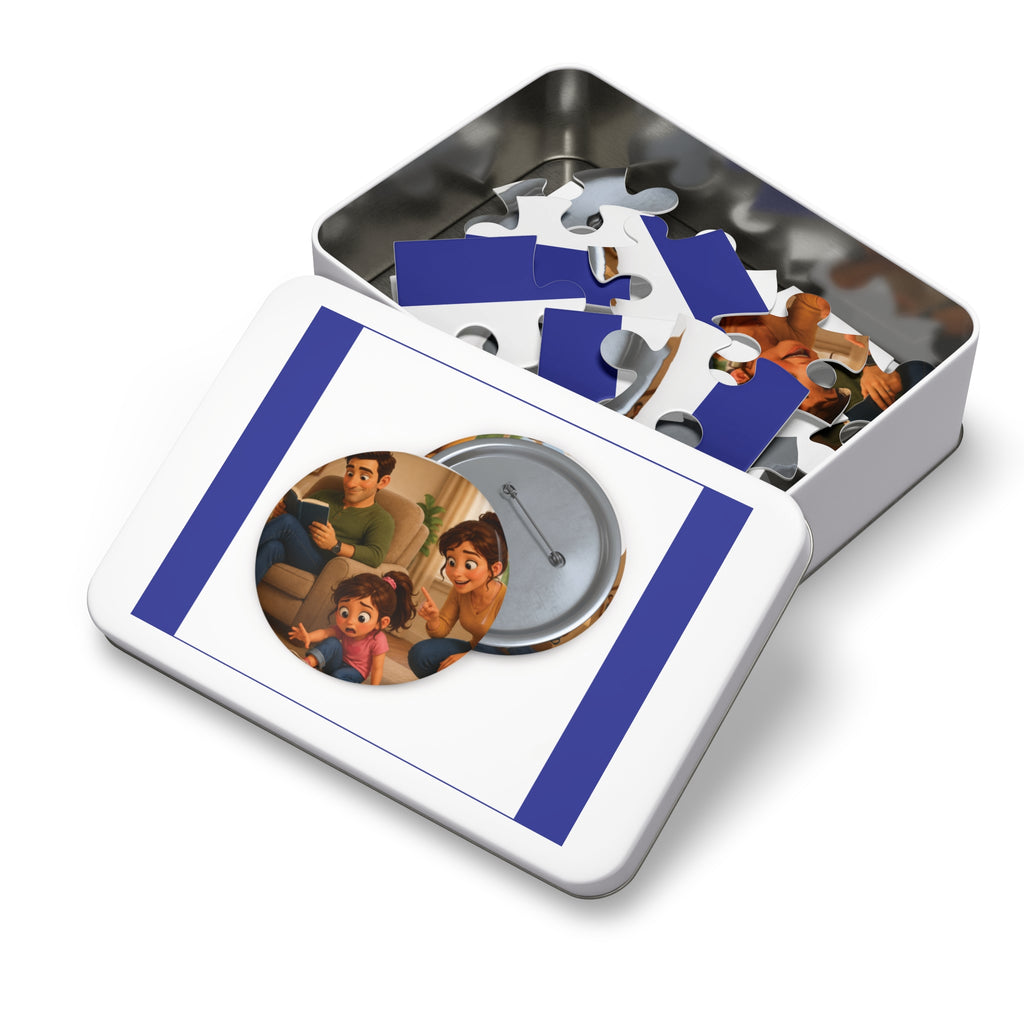 Family Movie Night Round Pin Puzzle with Tin — 252-Piece Keepsake Jigsaw
