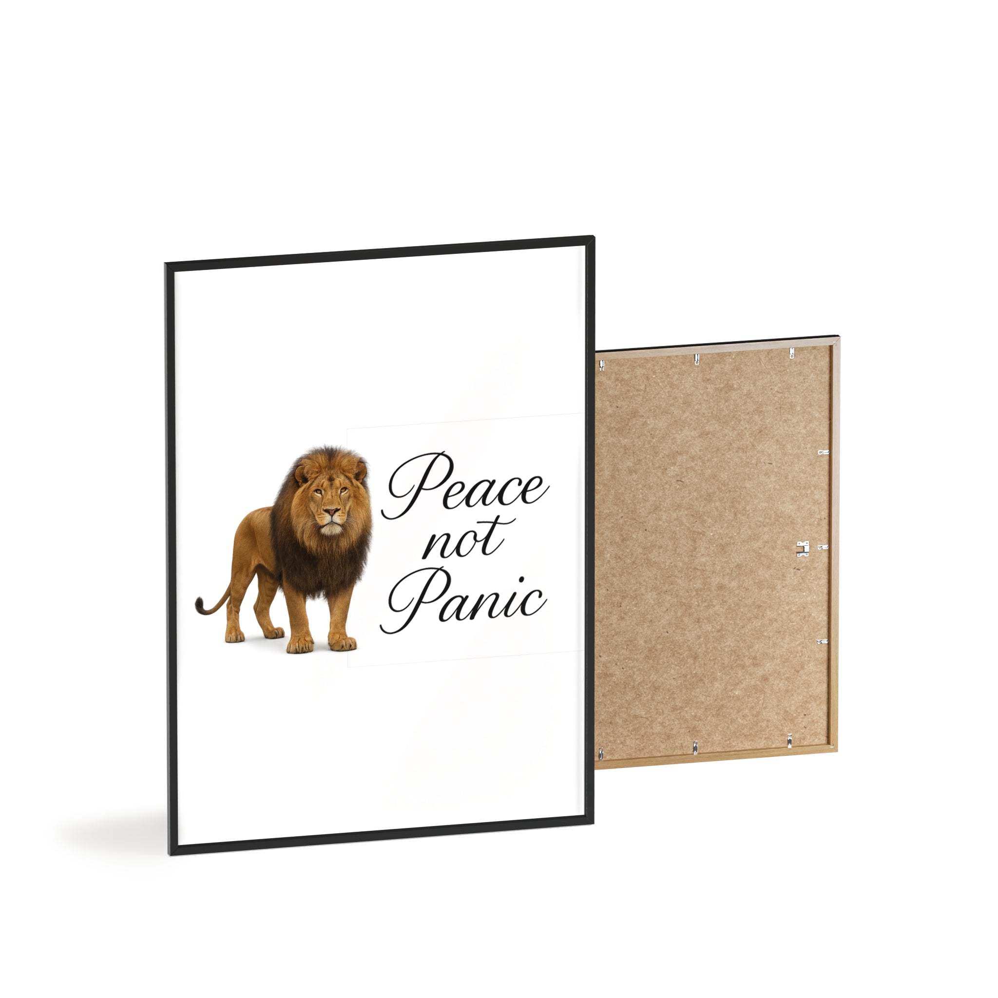 Peace Not Panic Lion Poster with Wooden Frame — Calming Wall Art for Home & Office