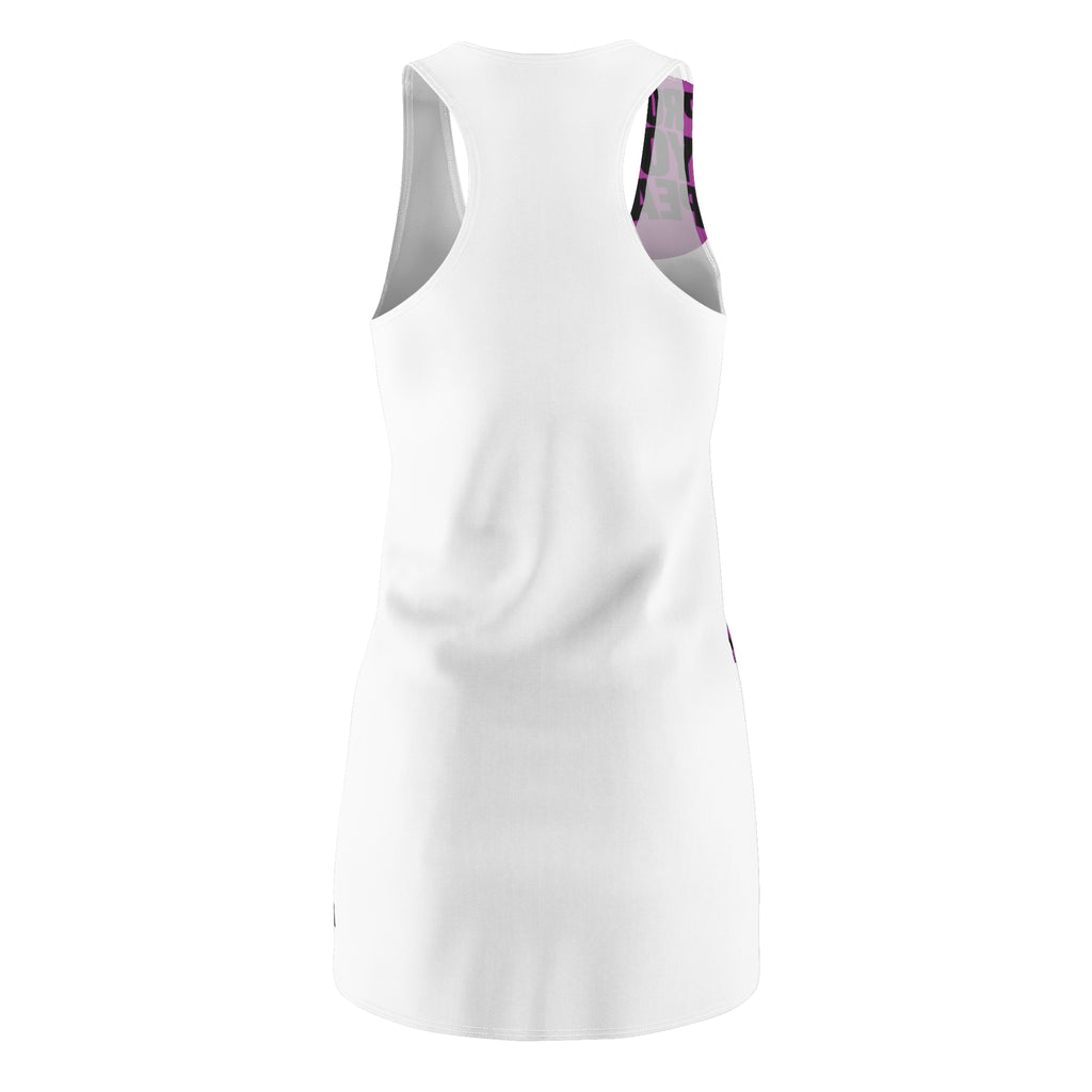 Protect Your Peace Racerback Dress — White AOP Dress with Pink Badge Design