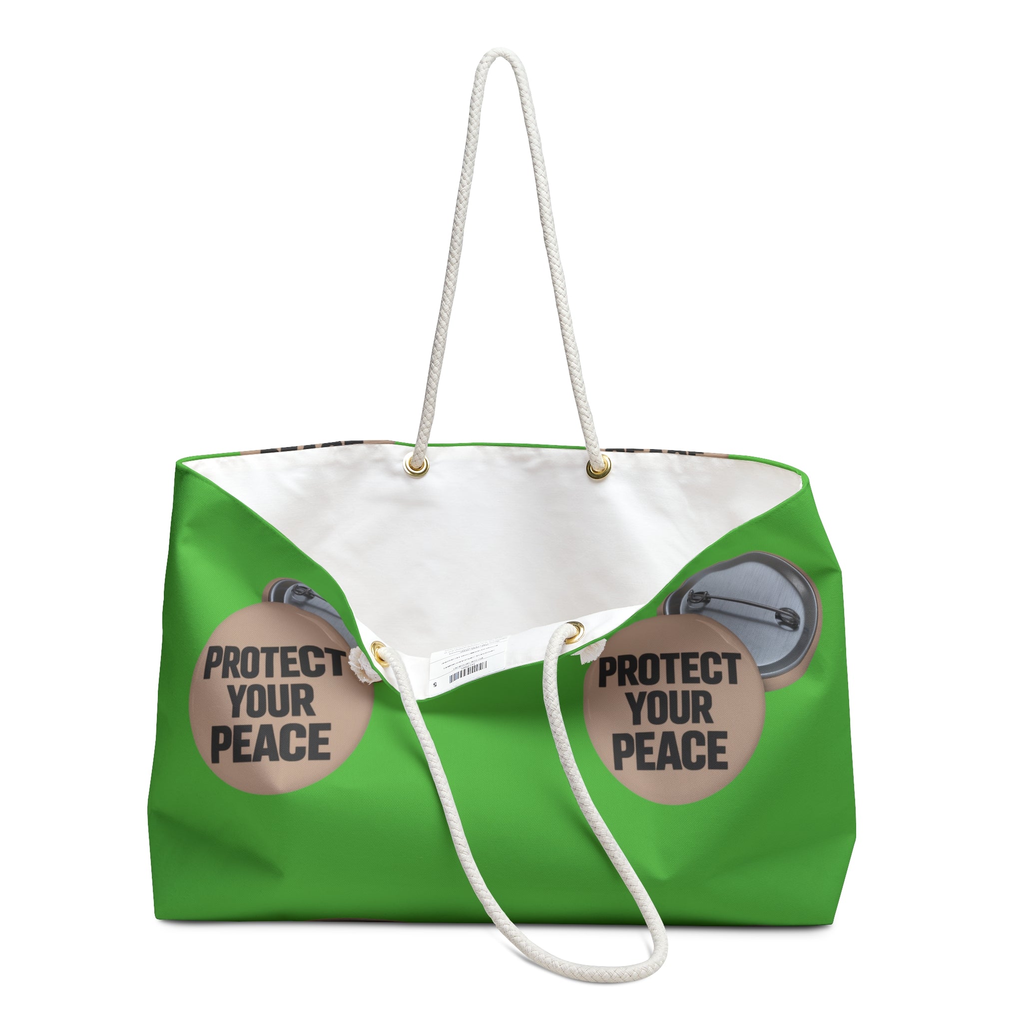 Protect Your Peace Weekender Bag — Green Travel Tote with Motivational Badge Design