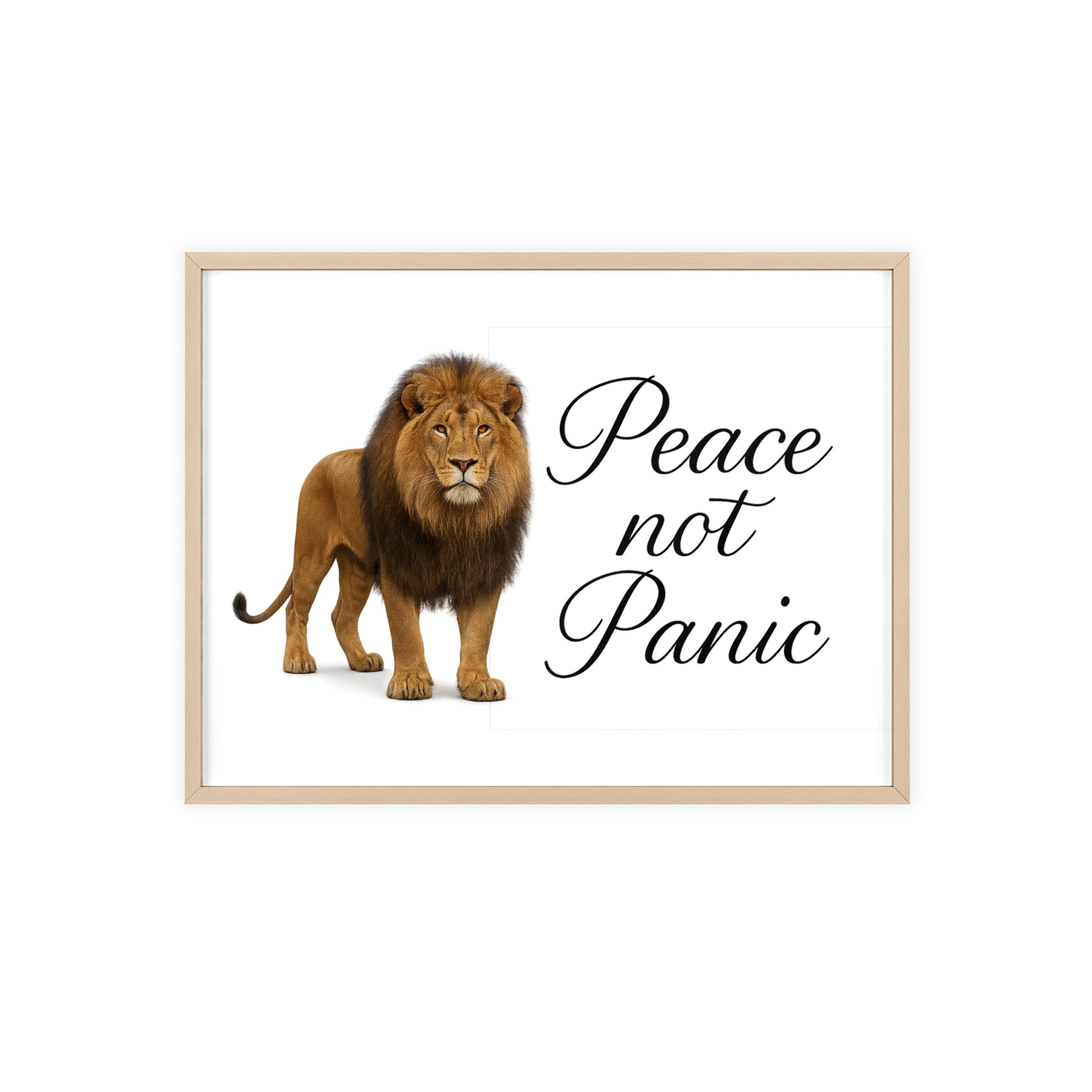 Peace Not Panic Lion Poster with Wooden Frame — Calming Wall Art for Home & Office