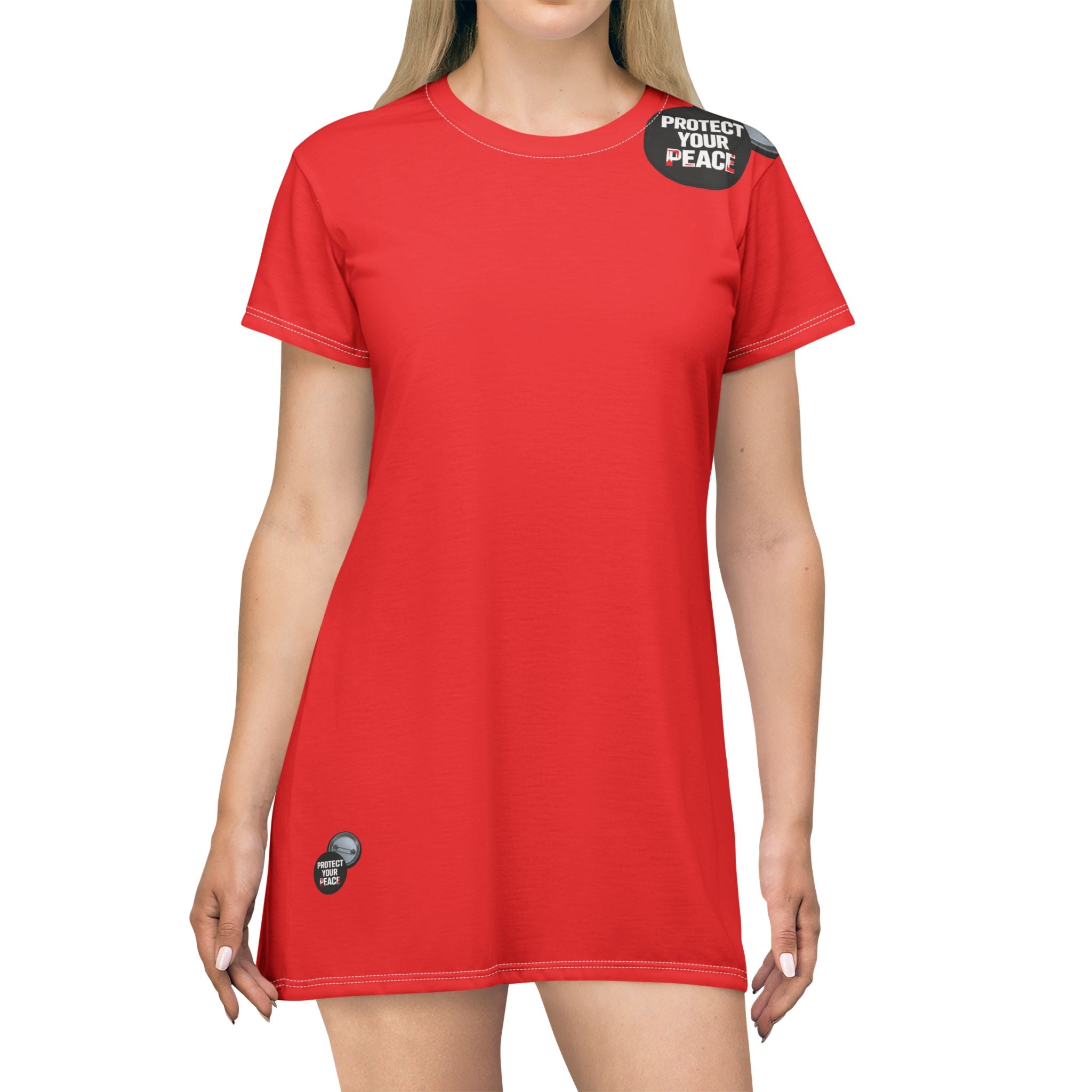 Protect Your Peace T‑Shirt Dress — Red Graphic AOP