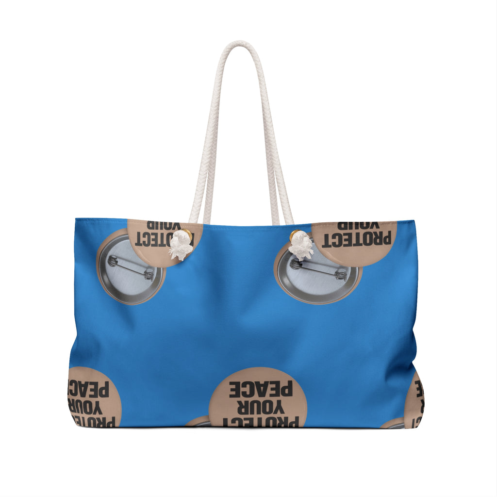 Protect Your Peace Weekender Bag — Blue Travel Tote with Button Badge Design