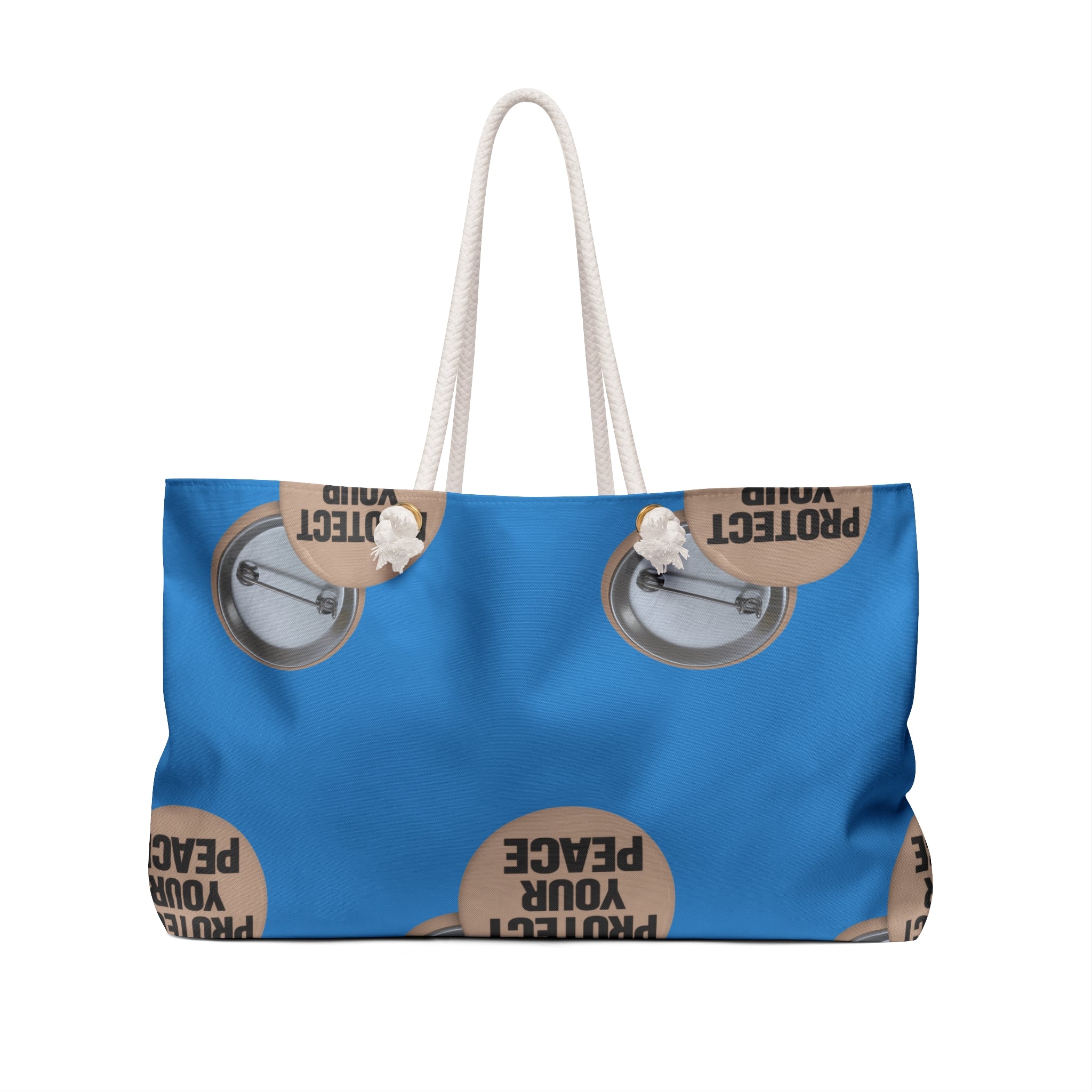 Protect Your Peace Weekender Bag — Blue Travel Tote with Button Badge Design