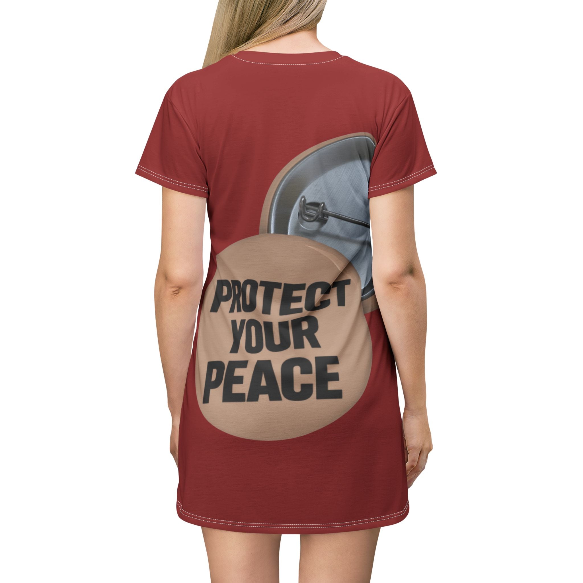 Protect Your Peace T‑Shirt Dress — Motivational Button Graphic AOP