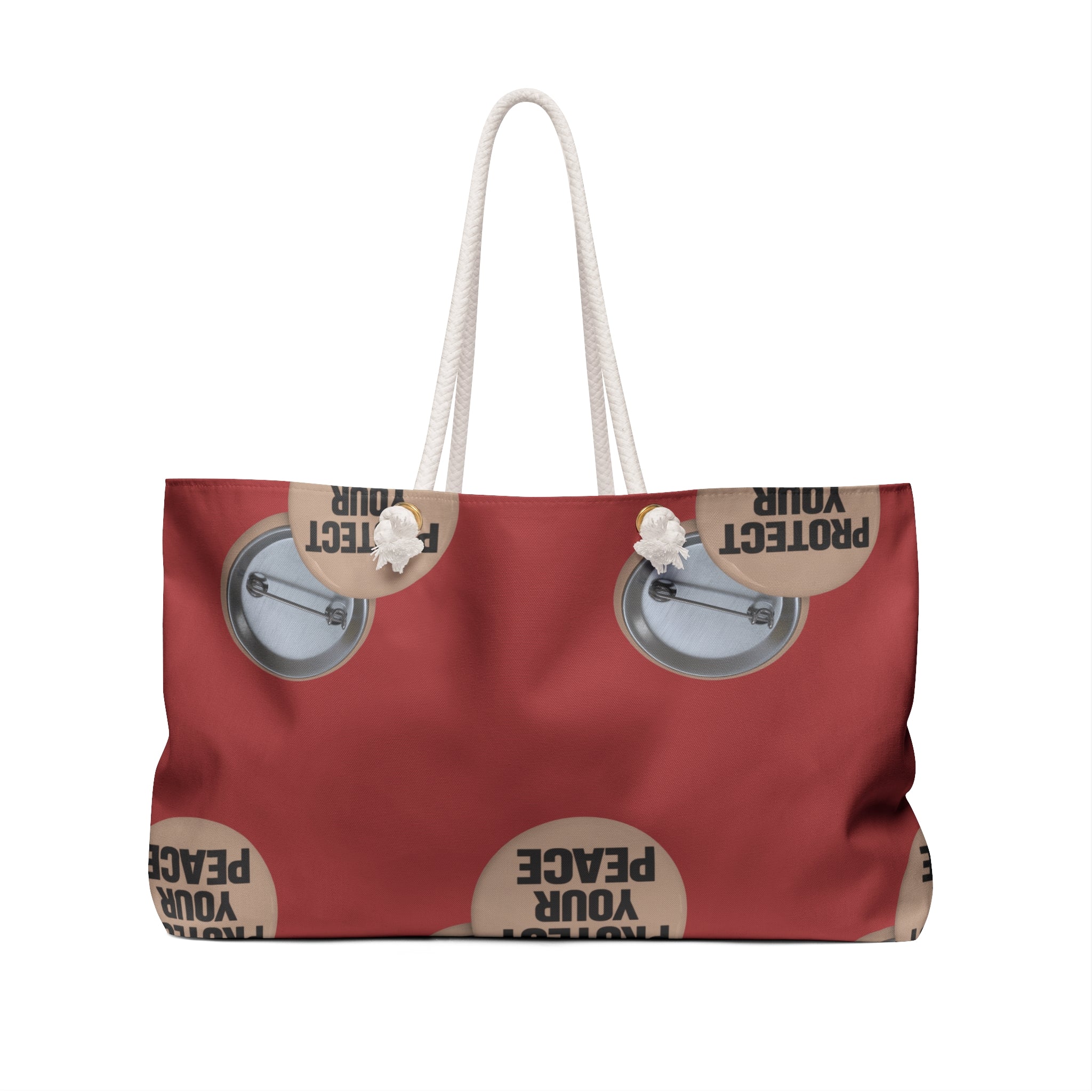 Protect Your Peace Weekender Bag – Red Tote with Button Badge Design