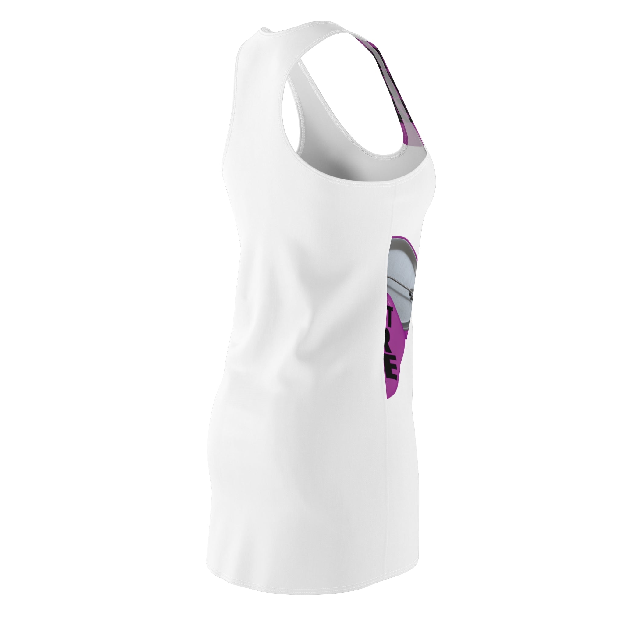 Protect Your Peace Racerback Dress — White AOP Dress with Pink Badge Design
