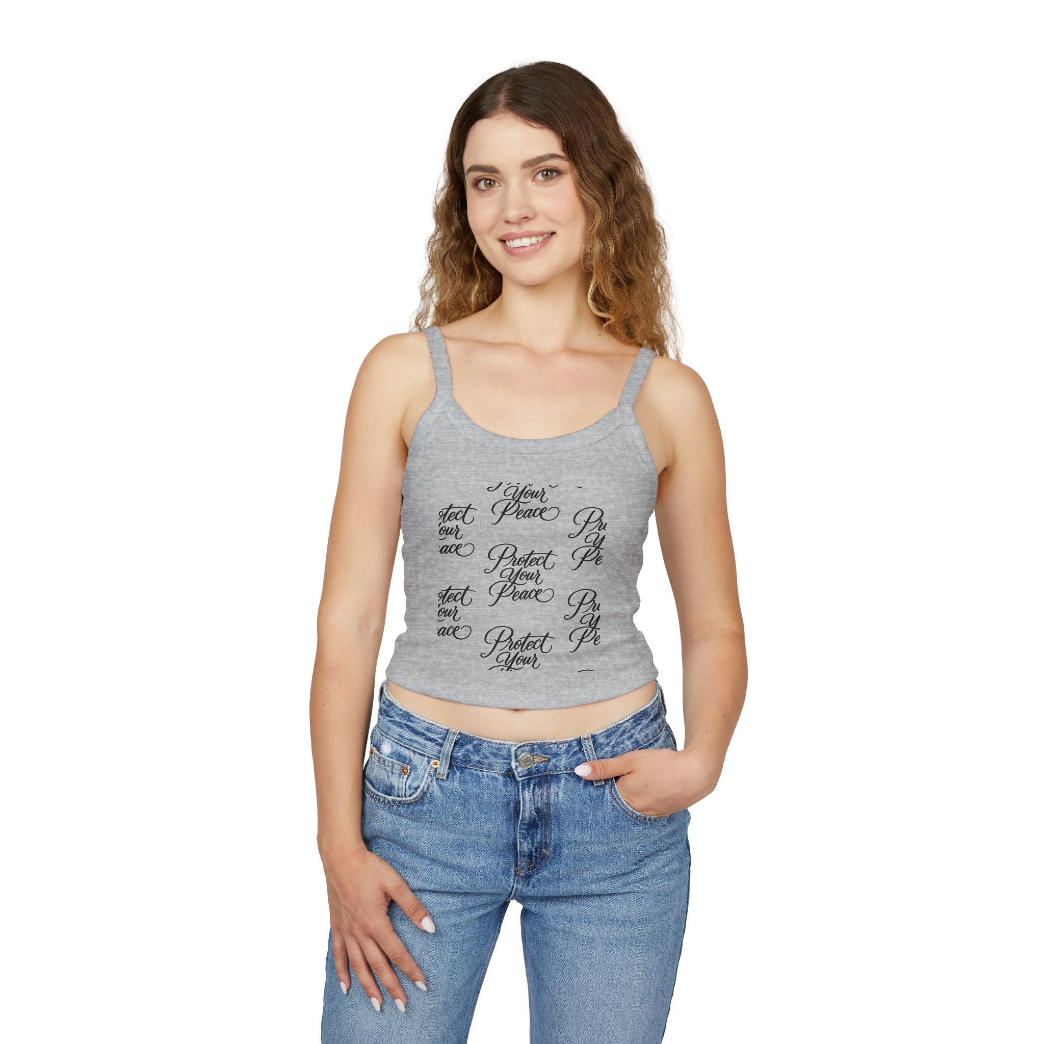 Crop Tank Top2 — "Protect Your Peace" Script Grid Graphic