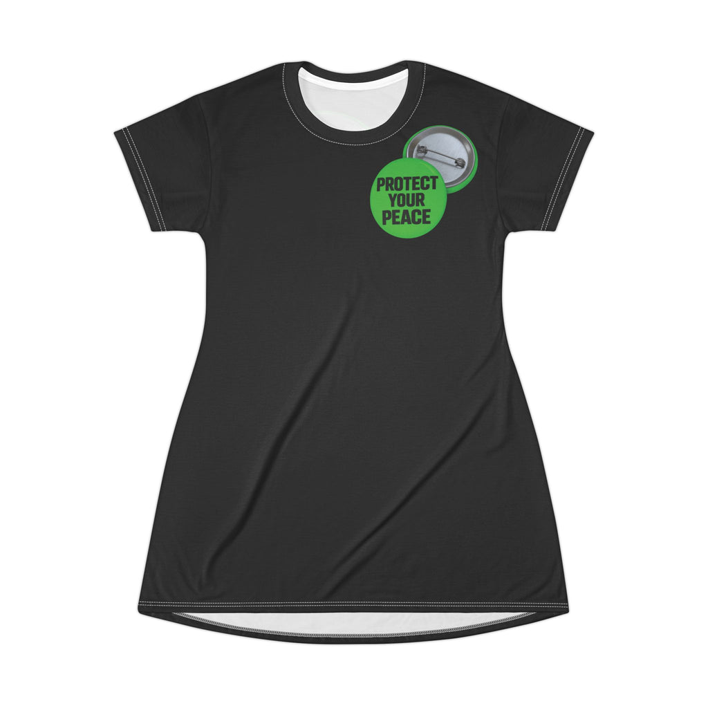 Protect Your Peace T-Shirt Dress — Relaxed Black AOP Dress with Badge Graphic