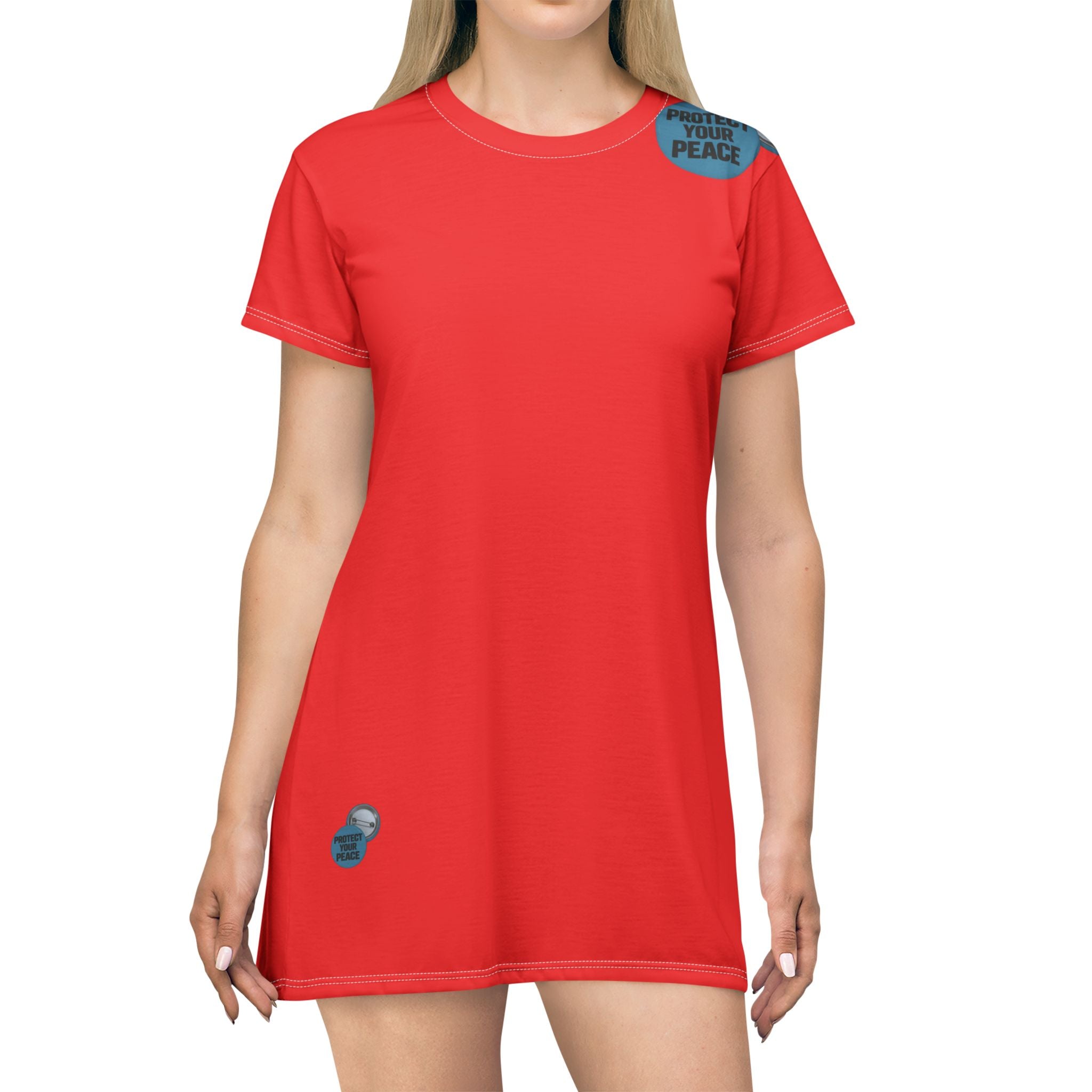 T-Shirt Dress — "Protect Your Peace" Tag Graphic AOP Women's Casual Dress